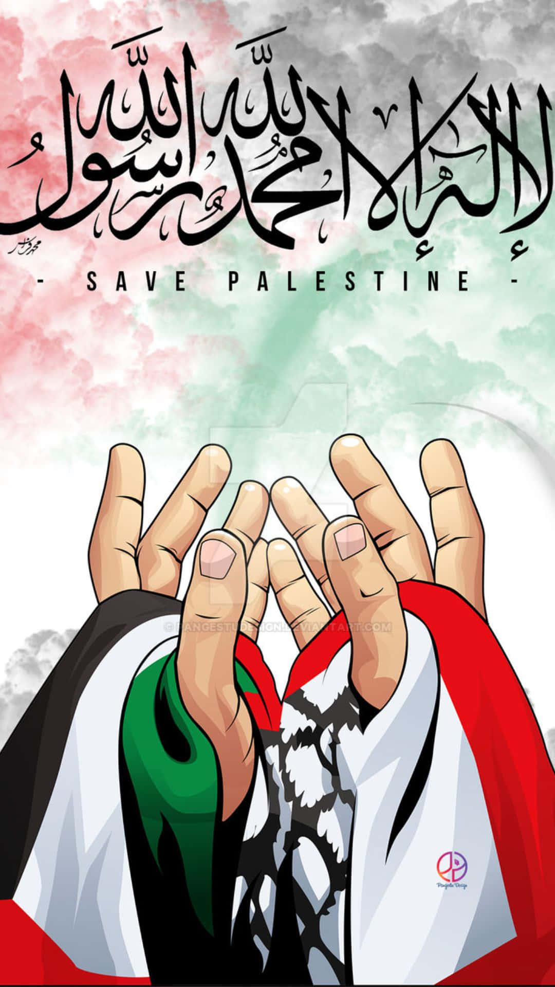 Palestine 桌布 壁紙 — 兩隻祈禱的手被巴勒斯坦國旗顏色包裹，背景為水彩天空，帶有阿拉伯書法和「SAVE PALESTINE」文字。