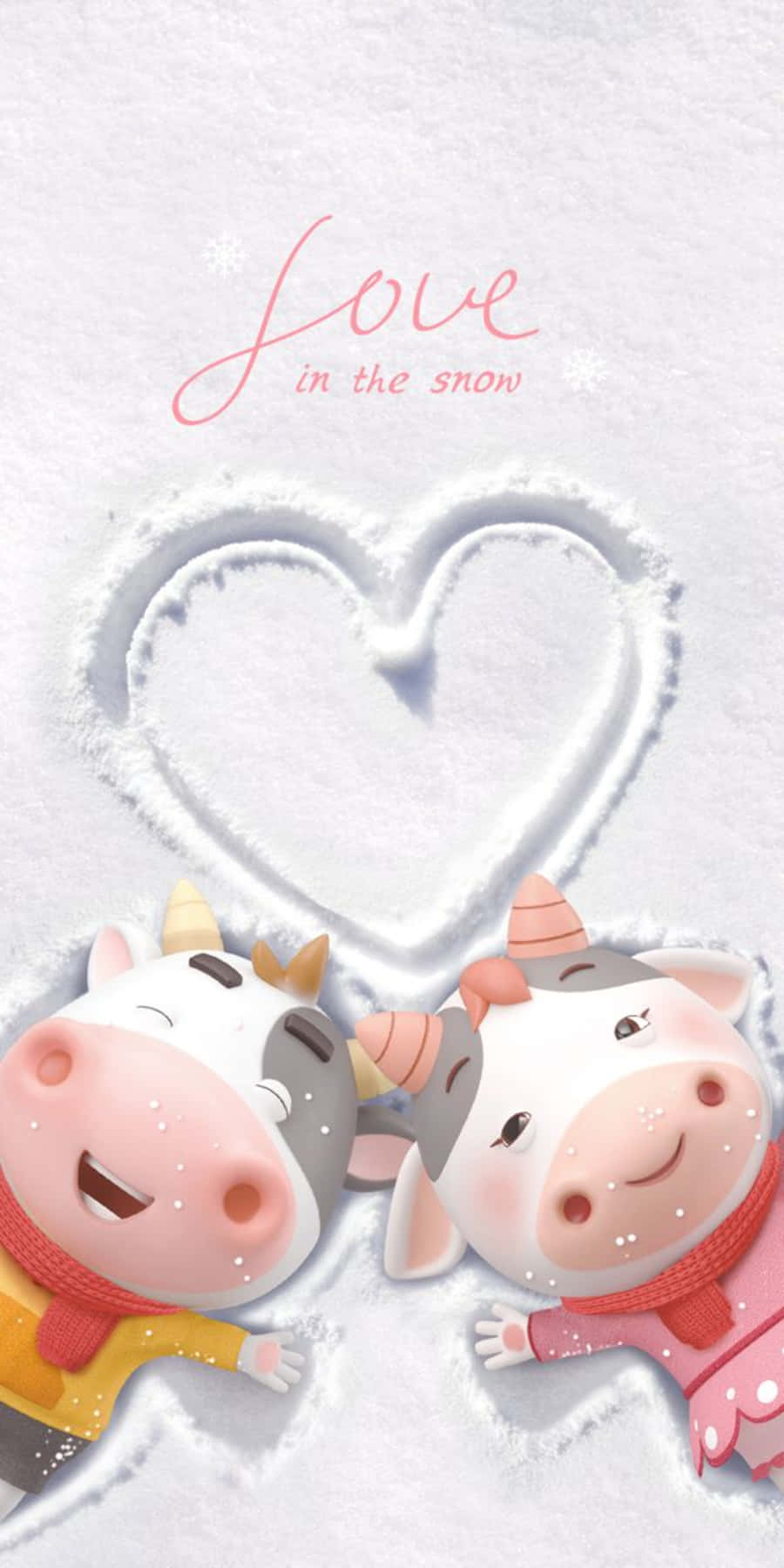 Kawaii Cute Cow 桌布 壁紙 — 兩隻穿著冬裝的微笑卡通牛躺在雪地裡，旁邊有一個在雪中畫的心形，上方有「love in the snow」的文字。