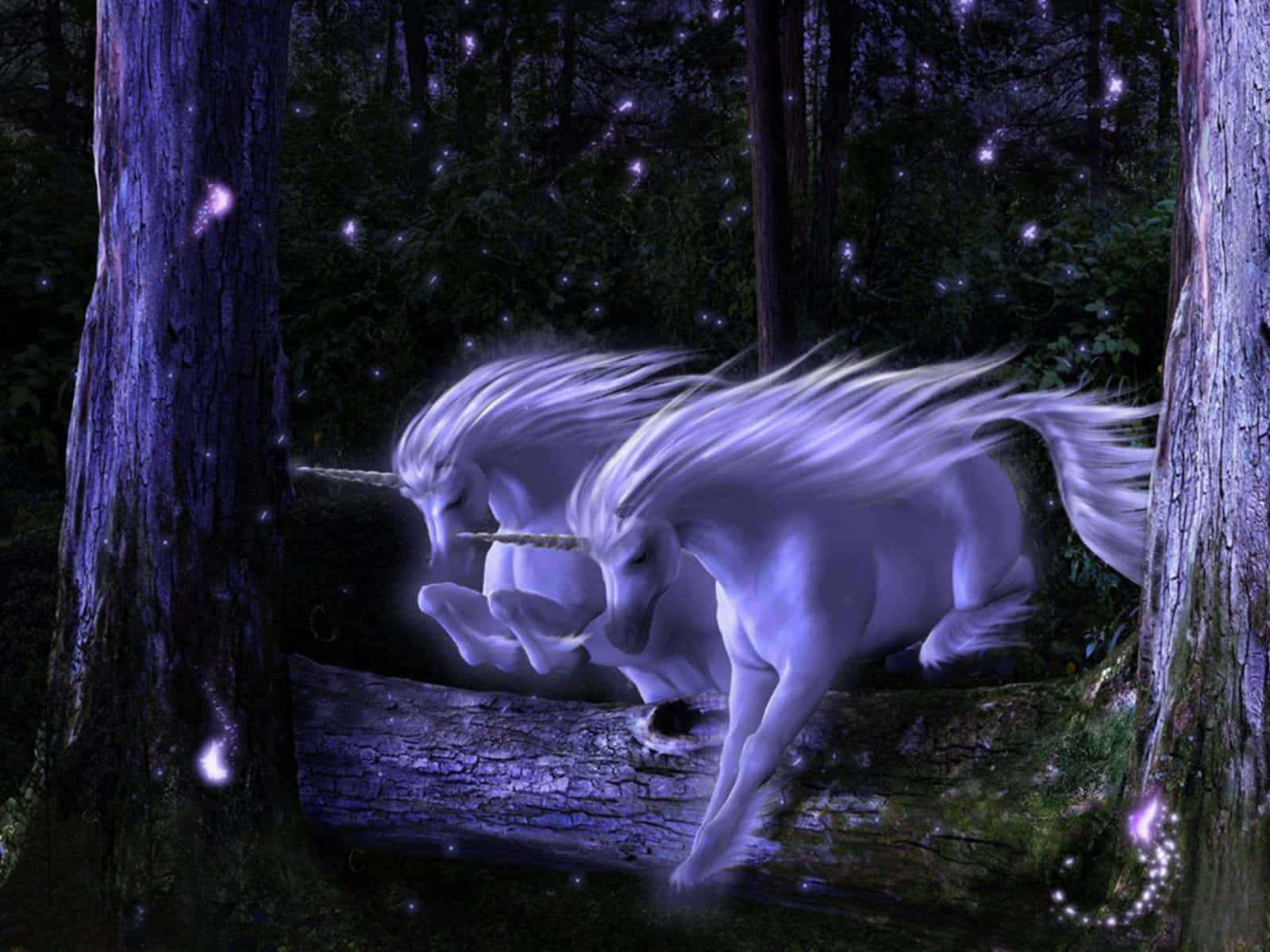 兩隻發光的獨角獸在夜晚的魔法森林中奔跑。