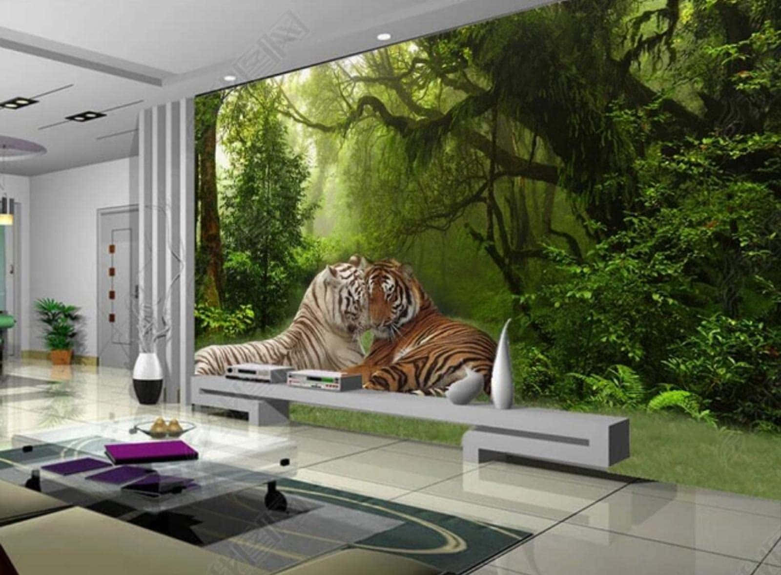 3d Forest 桌布 壁紙 — 兩隻老虎在一個現代簡約客廳的大型牆壁壁畫上描繪的茂密綠色叢林中平靜地休息。