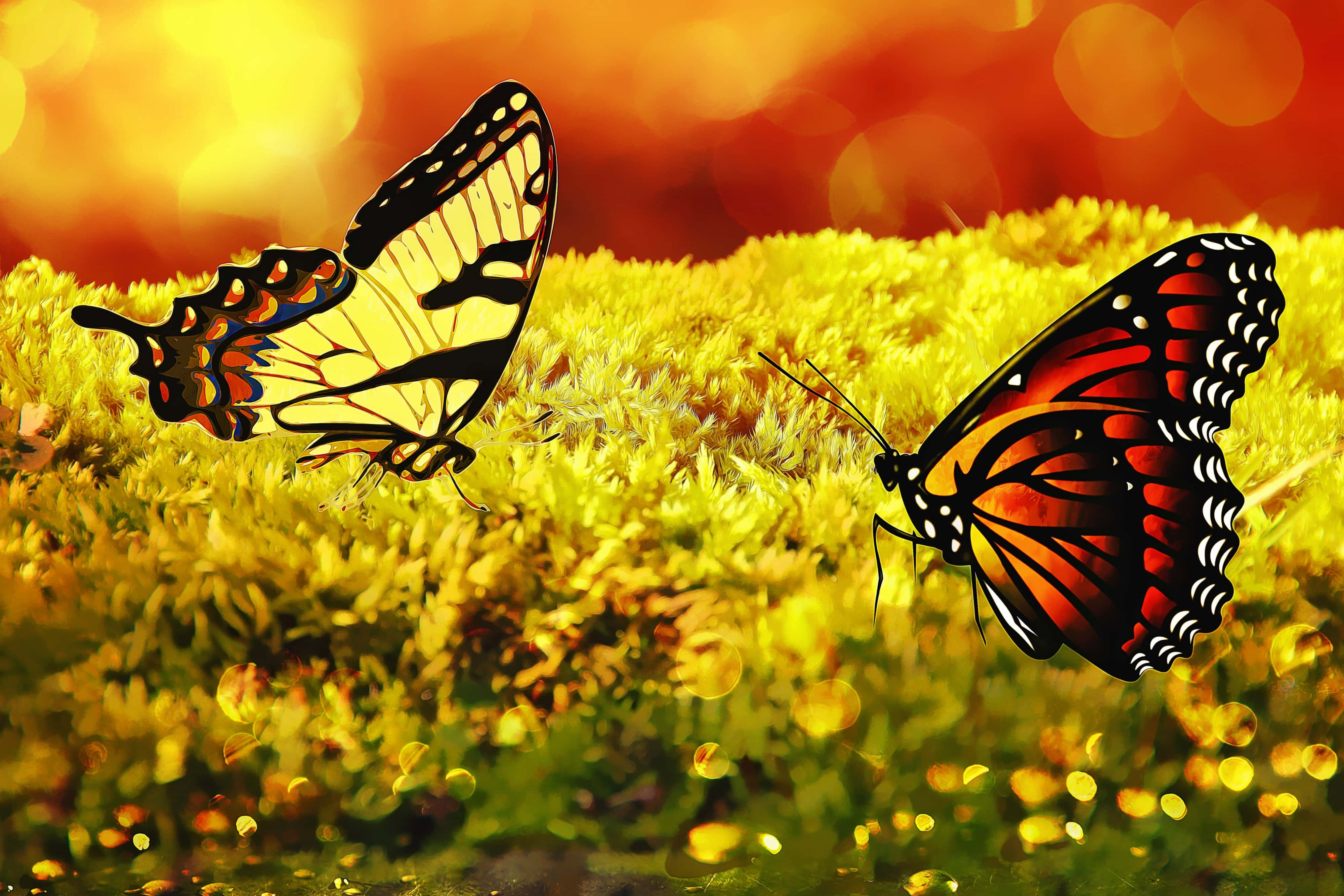 Butterfly Yellow 桌布 壁紙 — 兩隻色彩鮮豔、翅膀圖案精緻的蝴蝶，在溫暖的散景背景下，停歇在金黃色的苔蘚上。