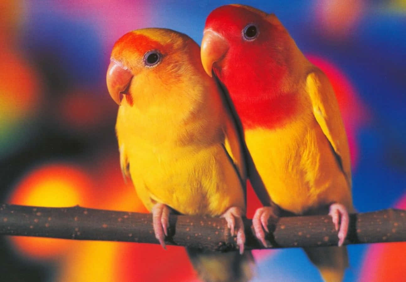 Love Birds 桌布 壁紙 — 兩隻色彩鮮豔的愛情鳥緊密地棲息在樹枝上，背景是色彩繽紛的模糊效果。