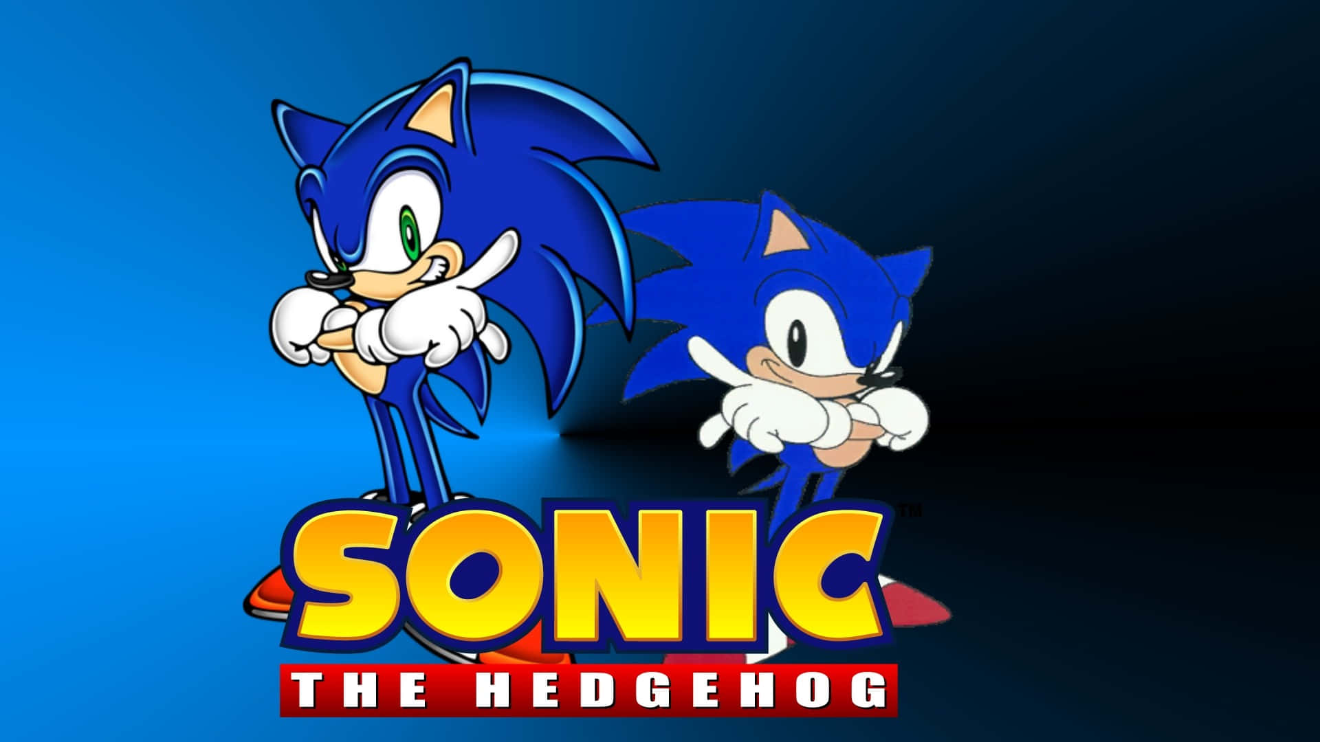 Modern Sonic 桌布 壁紙 — 兩隻藍色刺蝟以經典電子遊戲姿勢站在鮮黃色Sonic標誌前，背景為漸變藍色。