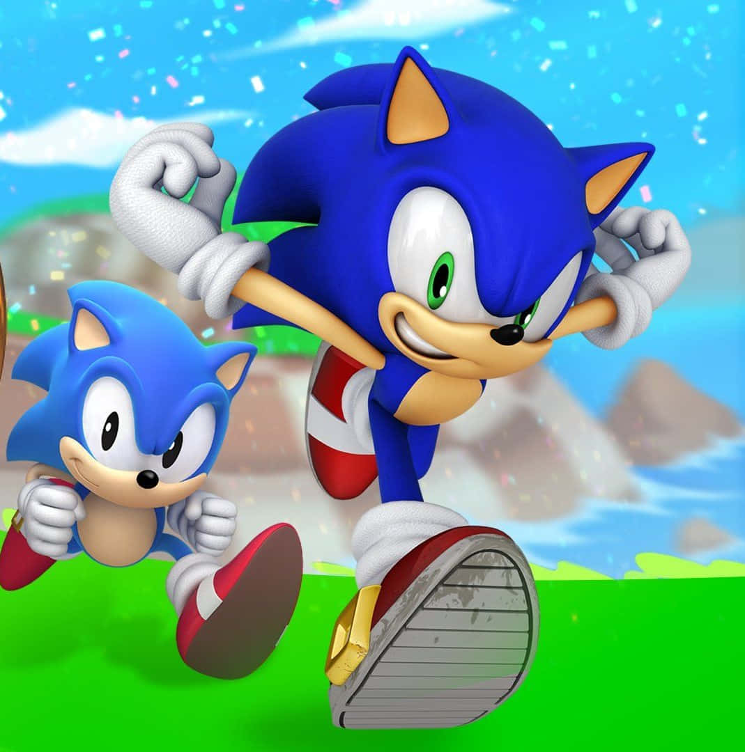 Sonic Dash 桌布 壁紙 — 兩隻藍色刺蝟喺明亮藍天同飄落嘅五彩紙屑下，充滿活力噉跑過一片翠綠嘅田野。
