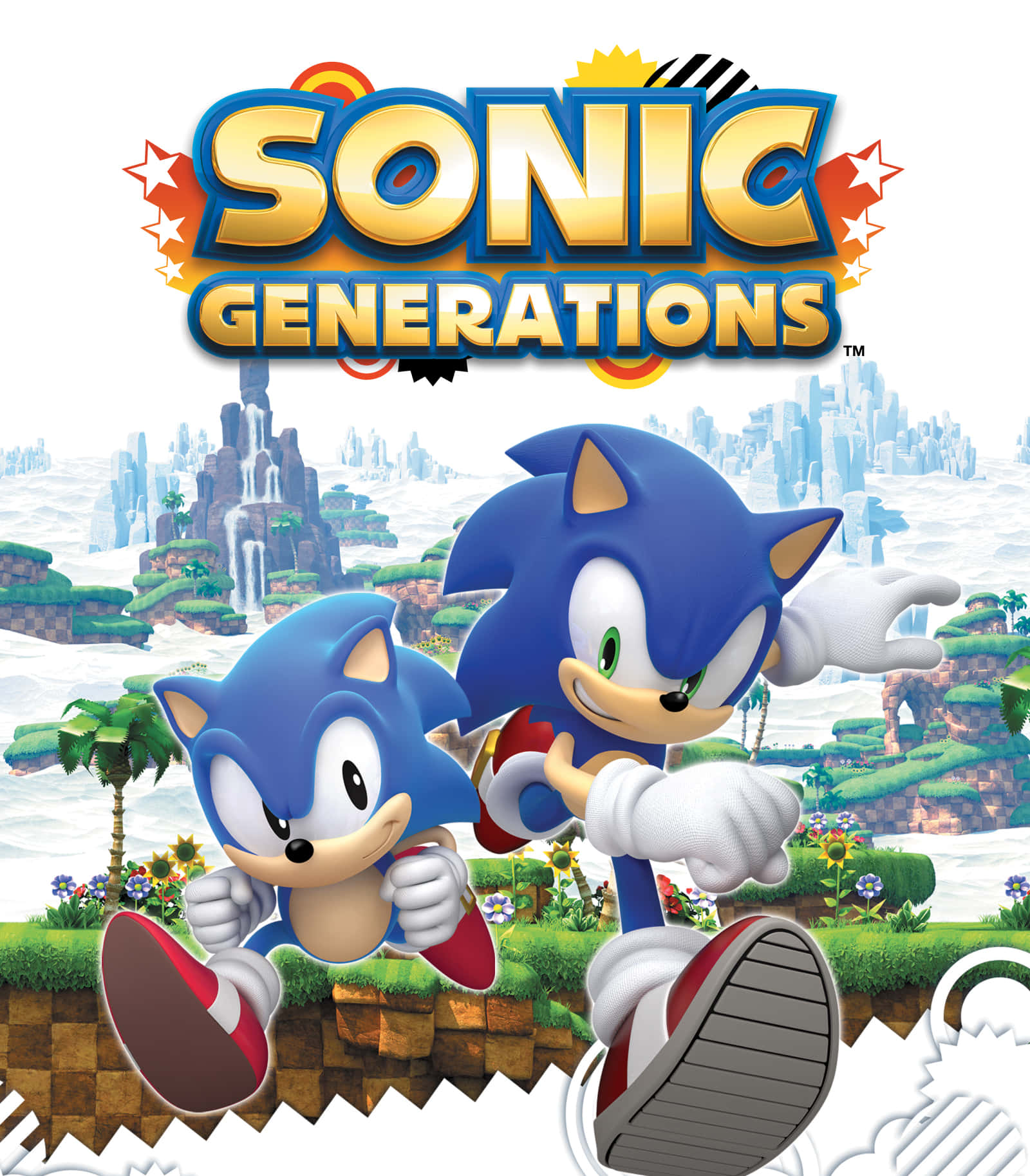 Sonic Generations 桌布 壁紙 — 兩隻藍色刺蝟在充滿活力的綠色平台上奔跑，身後有瀑布和浮島。