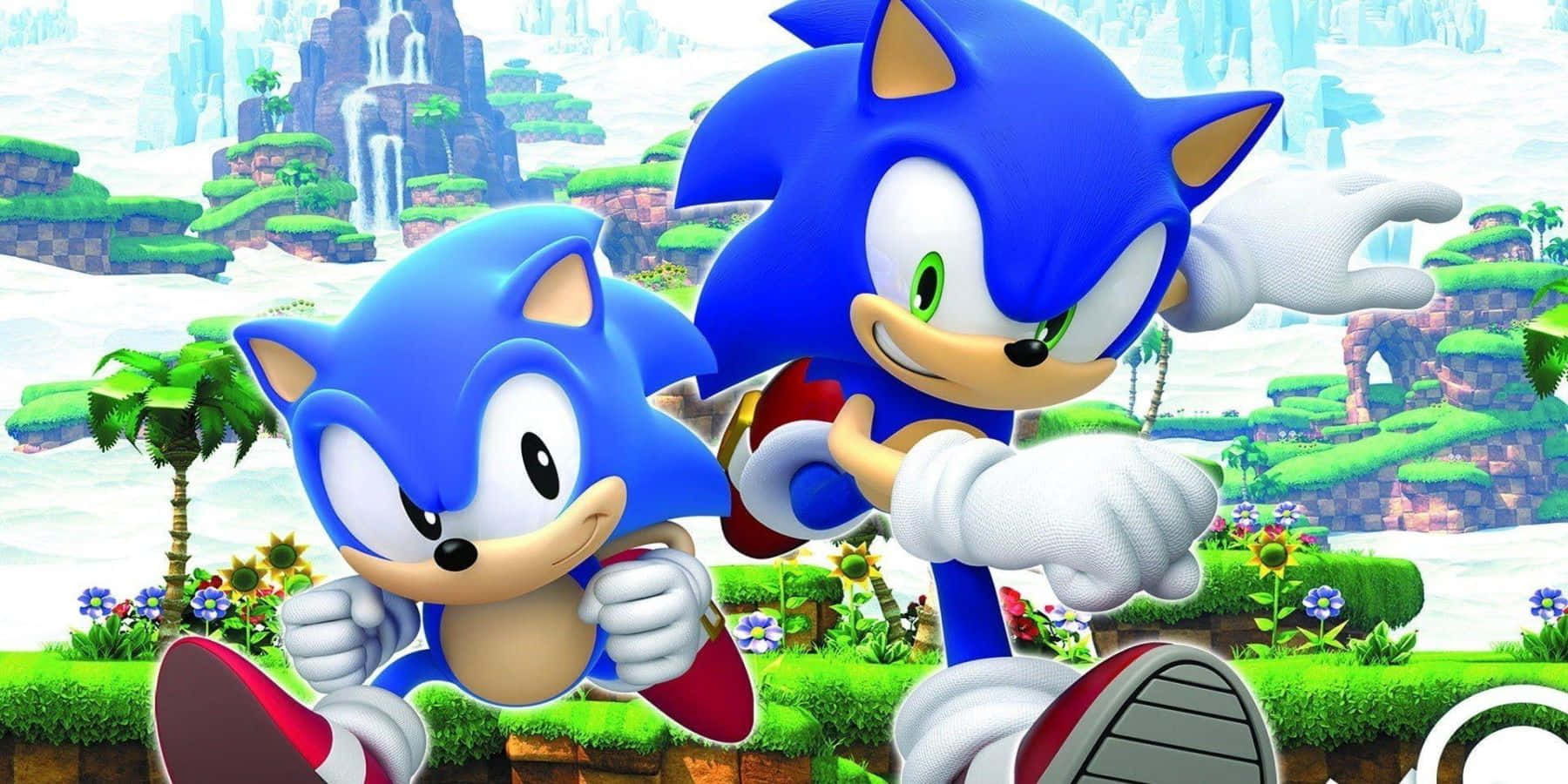 Classic Sonic 桌布 壁紙 — 兩隻藍色刺蝟在充滿瀑布和花朵的鮮綠色景觀中競速。