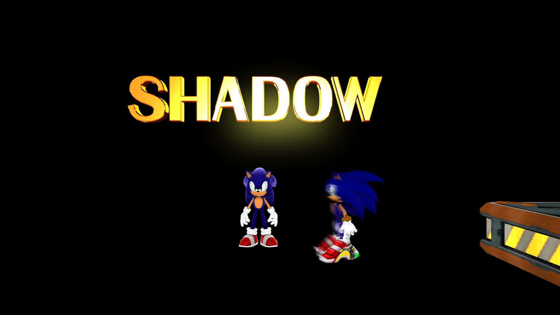Modern Sonic 桌布 壁紙 — 兩隻藍色刺蝟站在發光金色SHADOW標題下，背景為黑色。