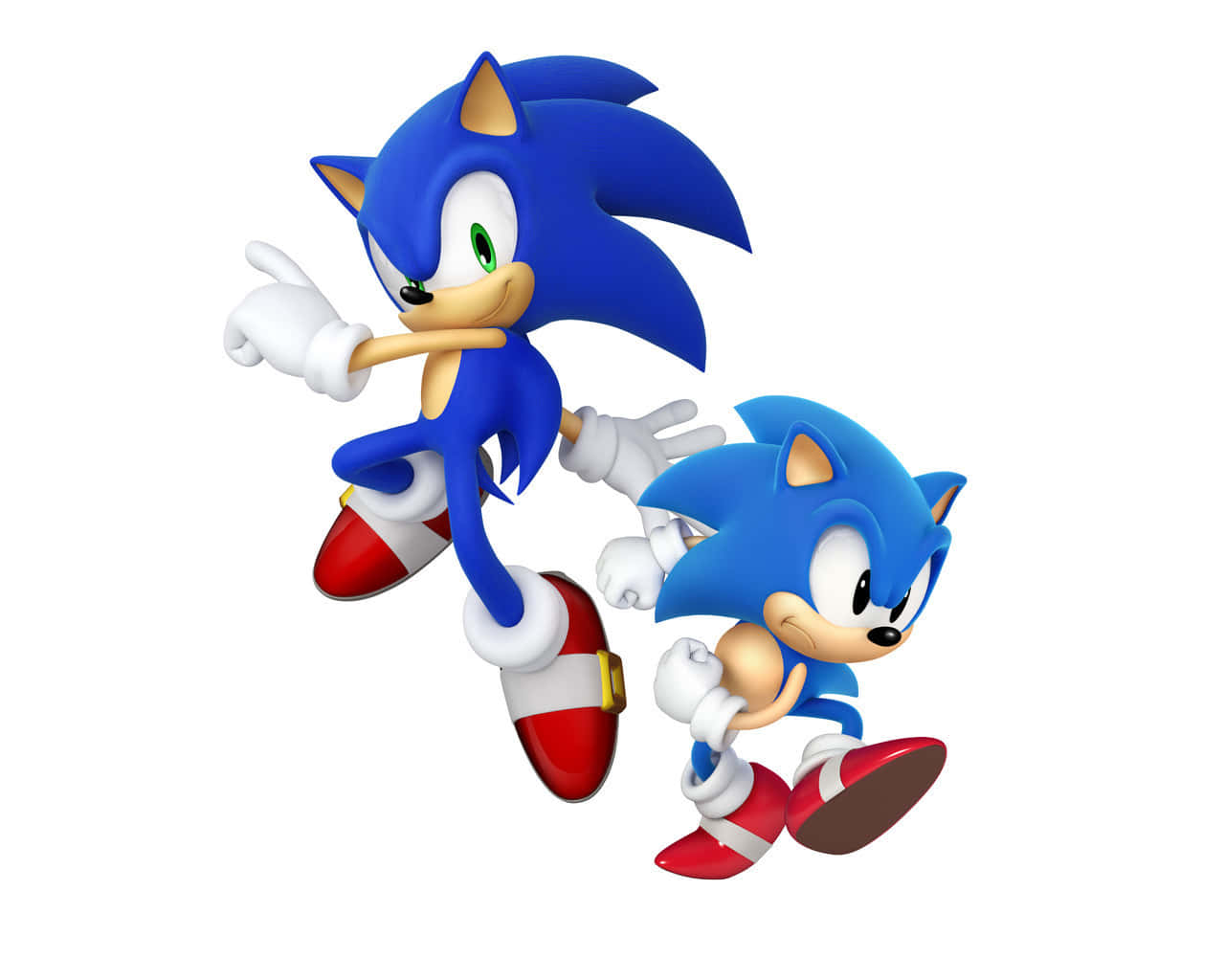Modern Sonic 桌布 壁紙 — 兩隻藍色刺蝟角色以動態奔跑姿勢，穿著紅白鞋子，背景為純白色。