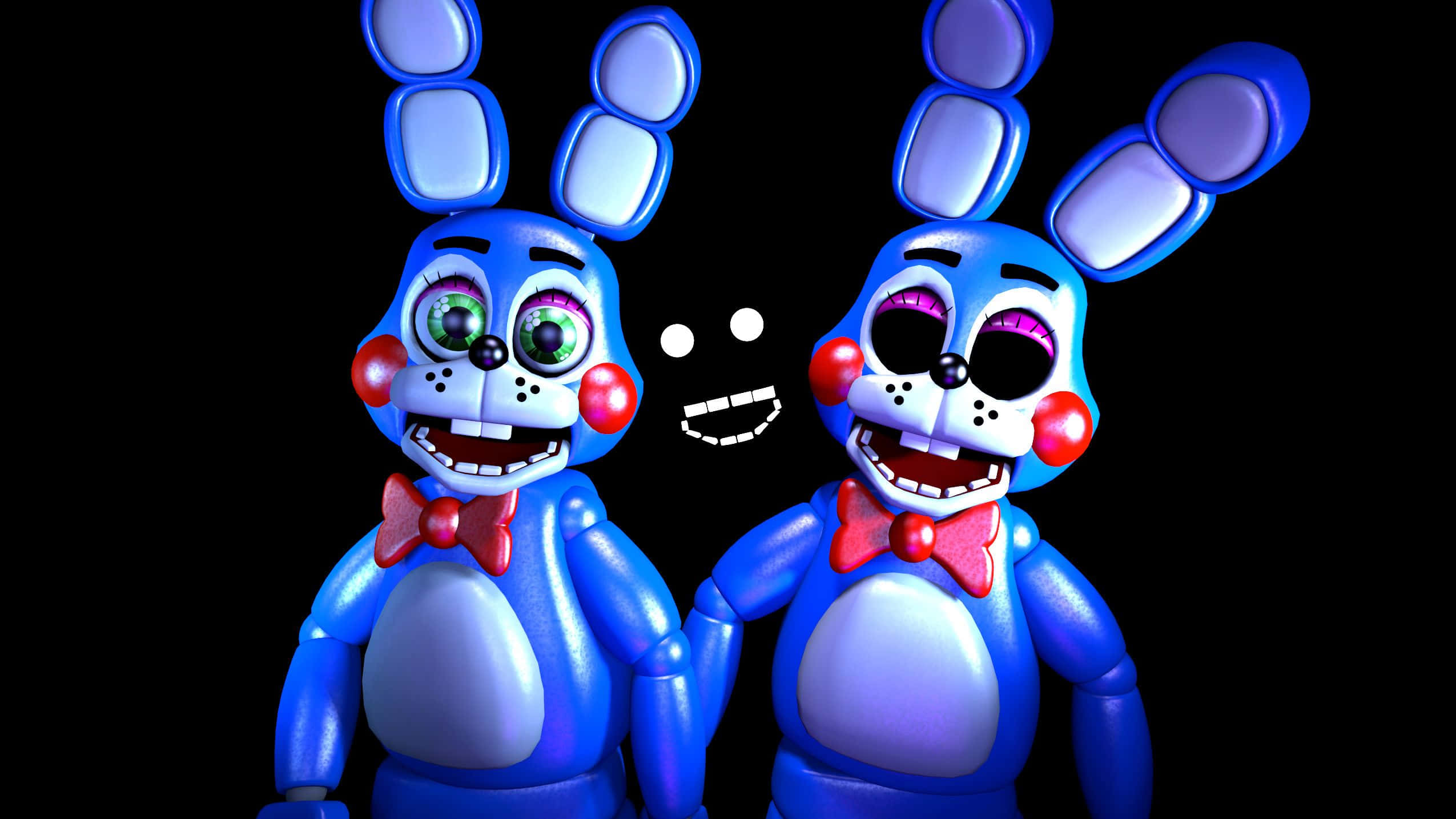 Bonnie The Bunny 桌布 壁紙 — 兩隻藍色電子兔，紅鼻頭，戴蝴蝶結，喺黑色背景前咧嘴笑。