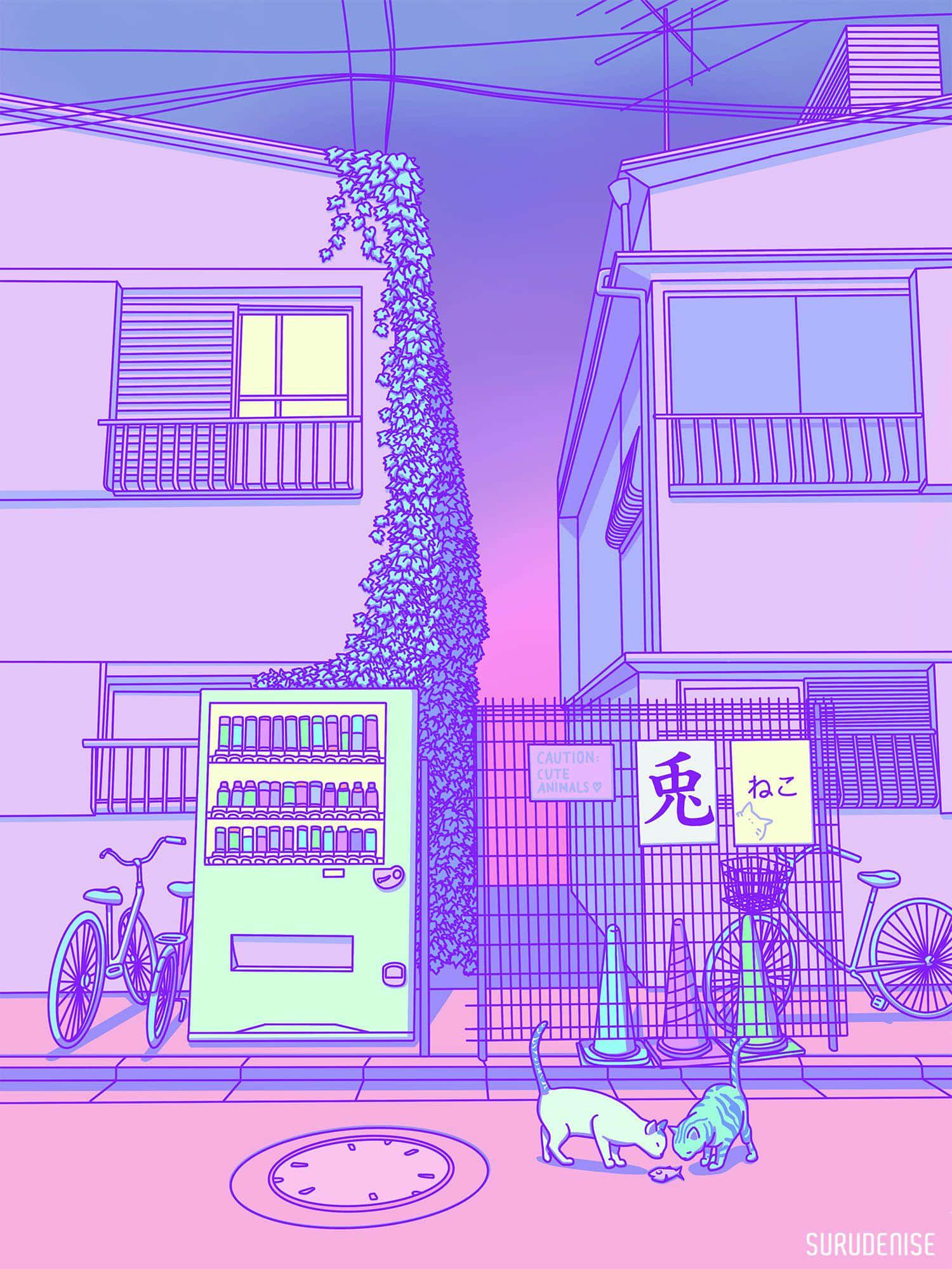 可愛糖果色調 桌布 壁紙 — 兩隻貓在發光的自動售貨機附近玩耍，背景是霓虹粉紅和紫色的日本小巷插圖。