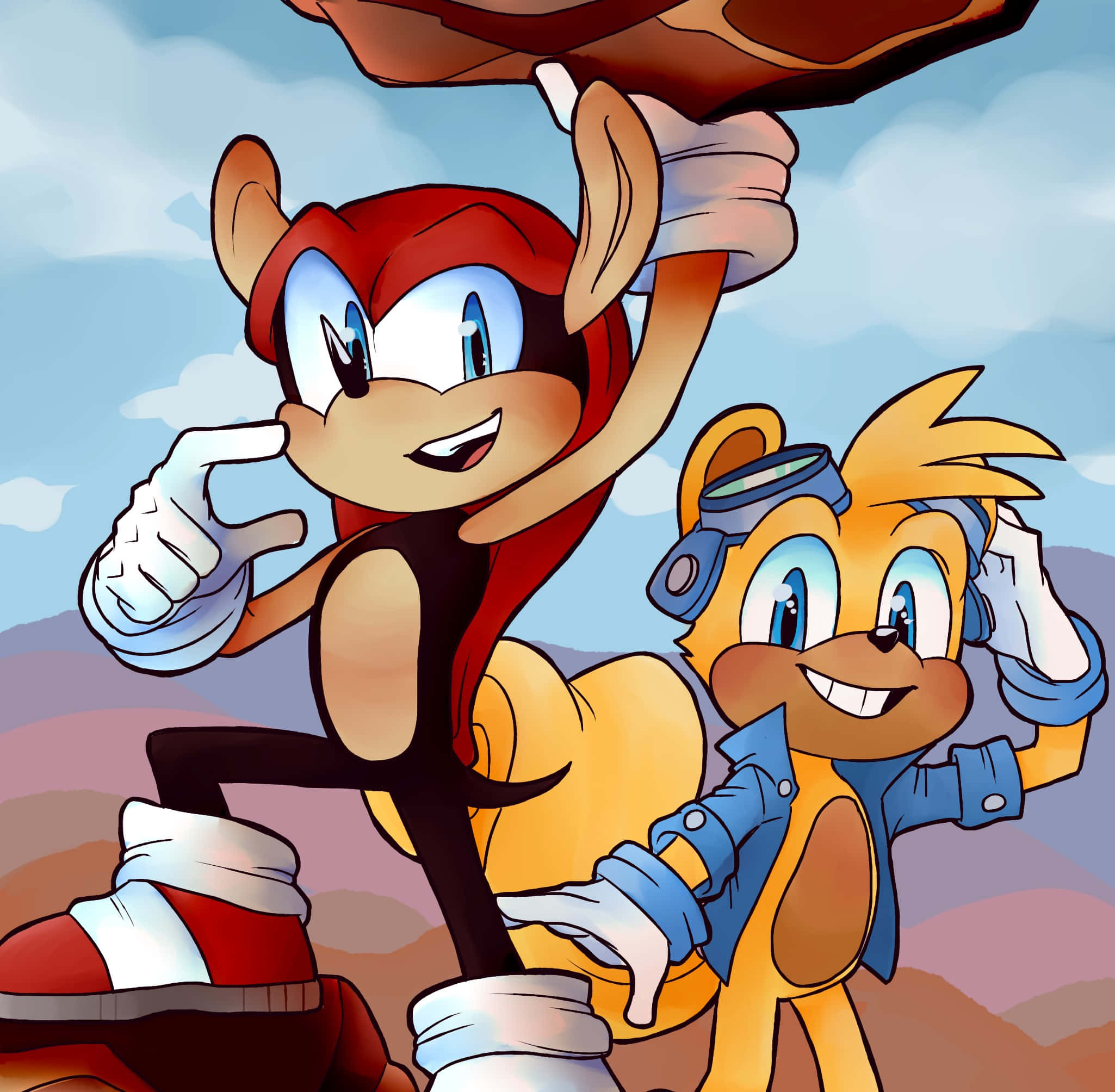Ray The Flying Squirrel 桌布 壁紙 — 兩隻開心嘅擬人化狐狸喺多雲嘅天空下動態擺姿勢，其中一隻舉起一塊巨大嘅石頭喺頭頂。