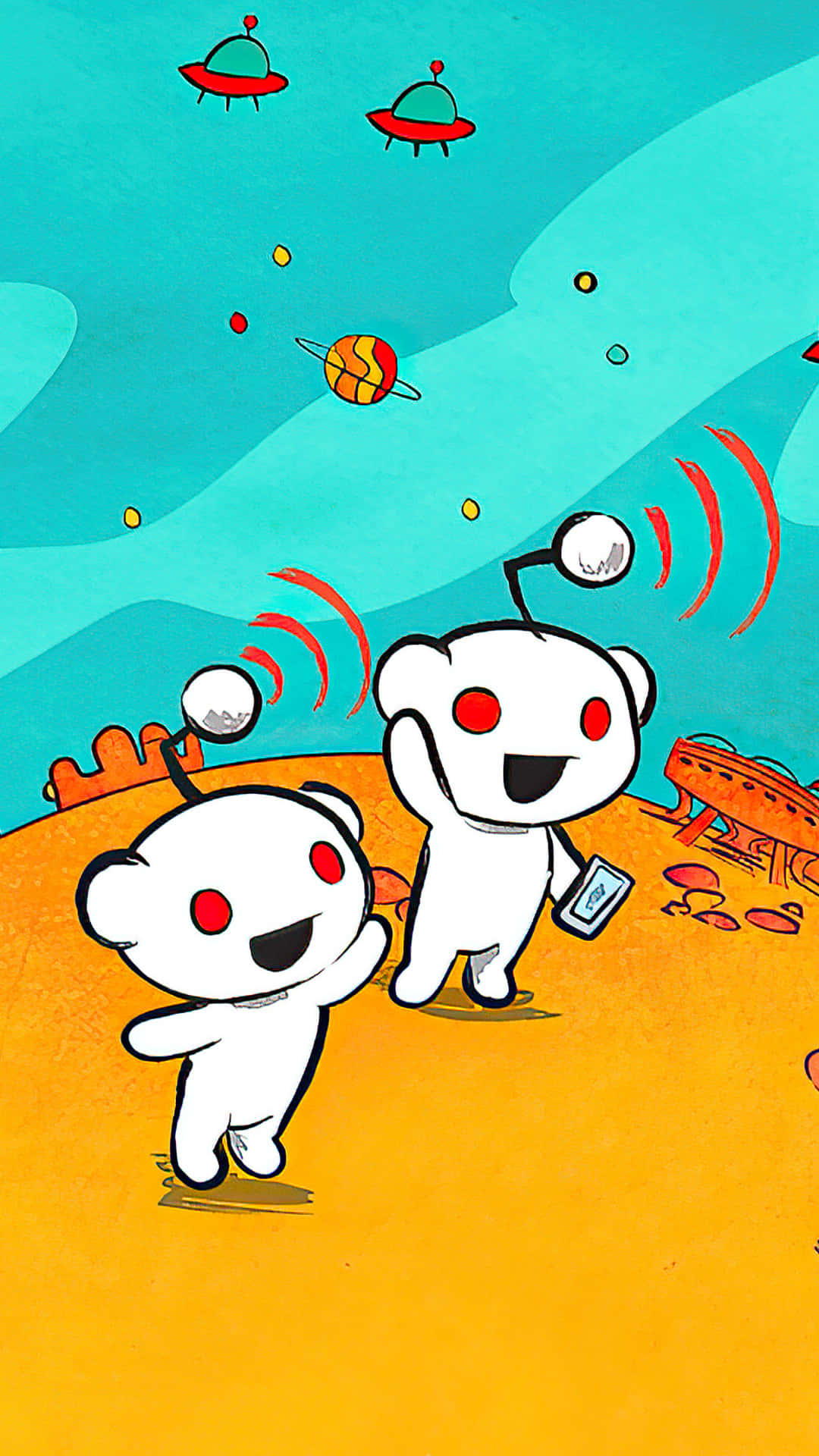 reddit 桌布 壁紙 — 兩隻開心嘅白色外星熊，紅色眼睛，探索一個充滿活力嘅外星星球，有UFO同行星漂浮喺藍綠色天空。