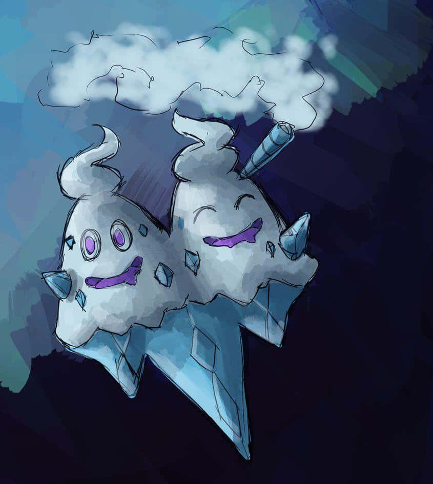 遊戲 桌布 壁紙 — 兩隻開心的冰屬性幽靈寶可夢漂浮著，頭頂冒出蒸氣，背景是清涼的藍色漸變。