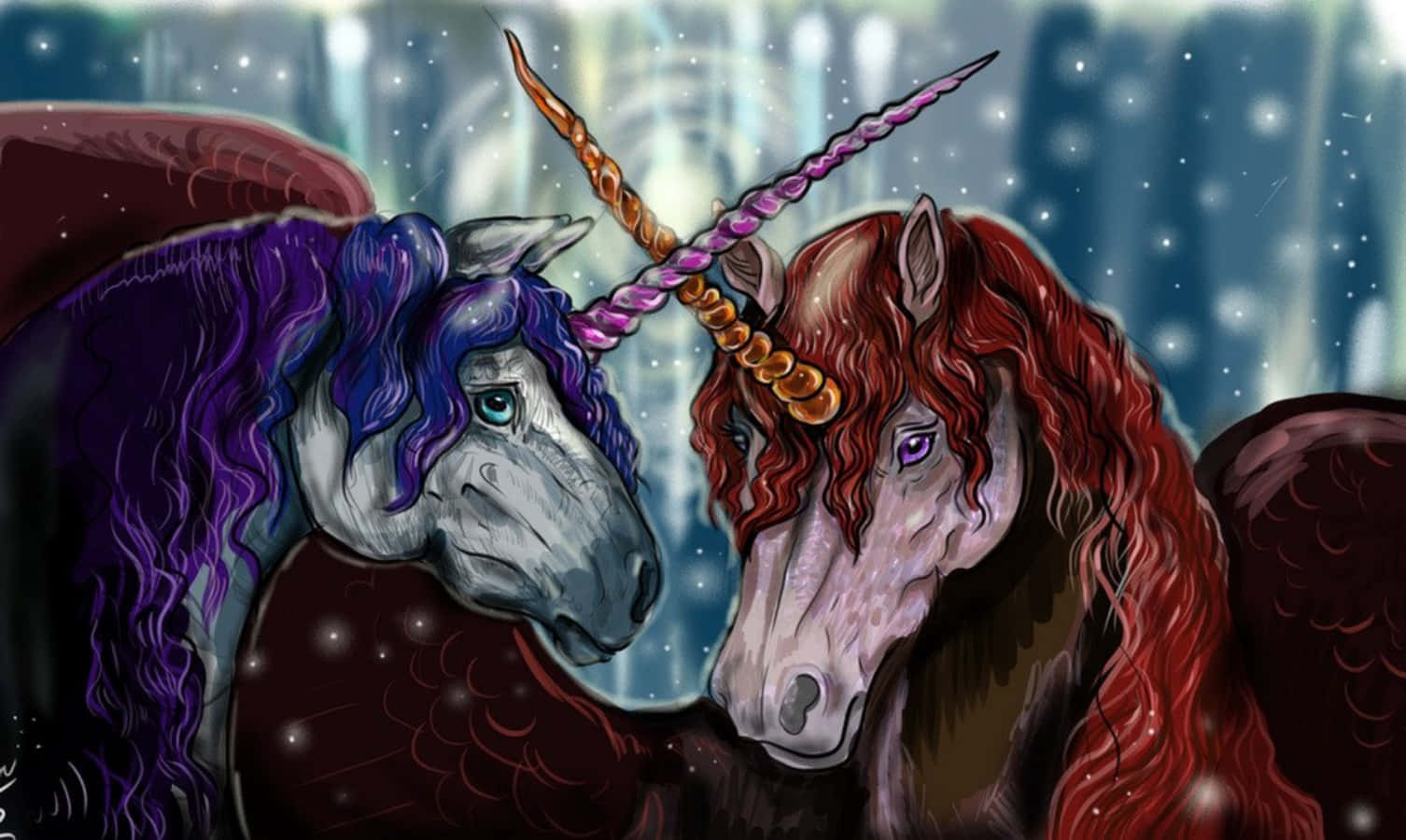 Unicorns 桌布 壁紙 — 兩隻雄偉的獨角獸，擁有充滿活力的紫色和紅色鬃毛，在一個白雪皚皚、神奇的森林空地中面對面。