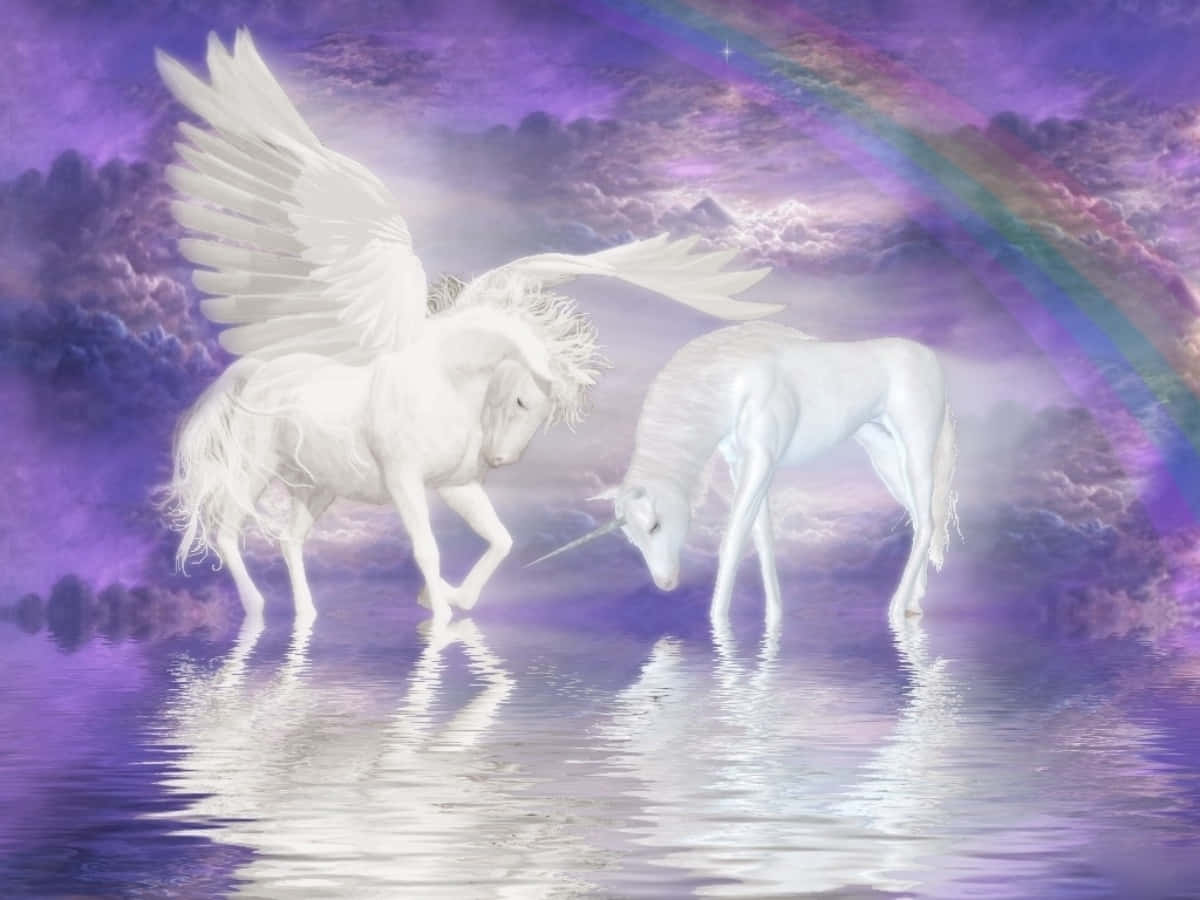 Unicorns 桌布 壁紙 — 兩隻雄偉的白色有翼獨角獸站在神秘紫色水景中，上方是 vibrant 彩虹和星空。