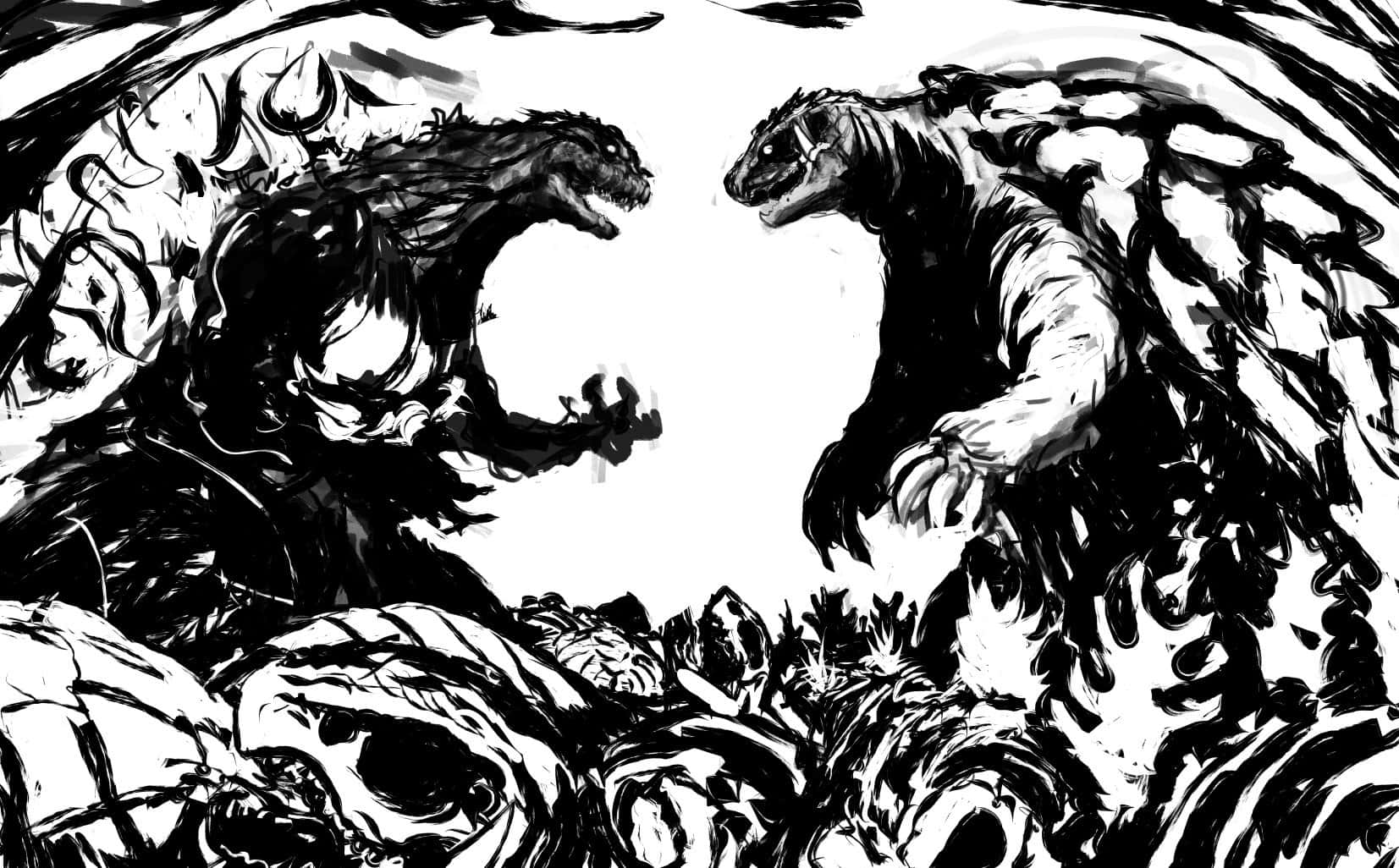 Godzilla Vs Gamera 桌布 壁紙 — 兩隻類似哥斯拉的怪獸在混亂的黑白墨水畫中咆哮，帶有旋轉的能量。