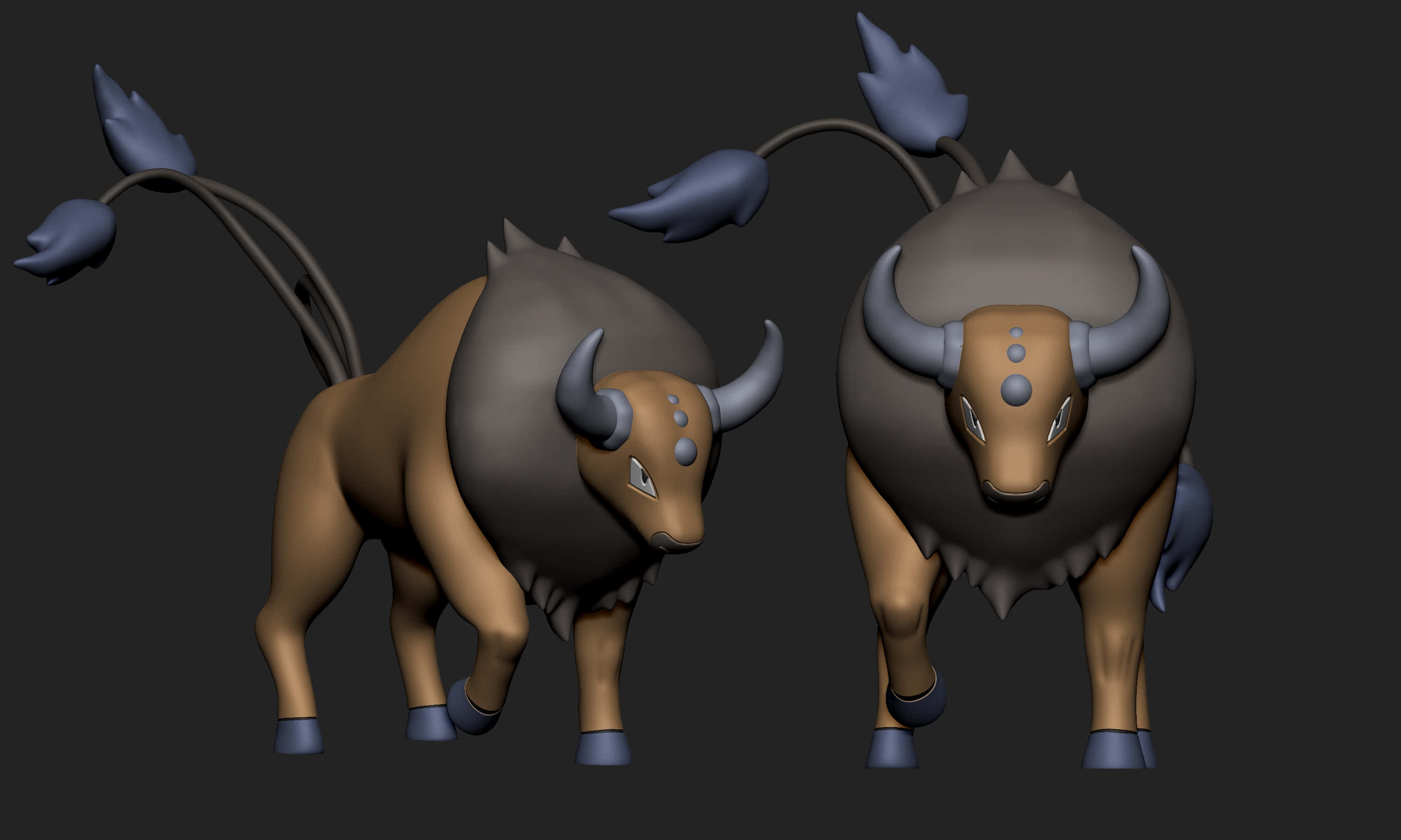 3D Tauros 壁紙 — 兩隻風格化的3D渲染野牛狀生物，有灰色角和藍色尾尖，站在深灰色背景前。