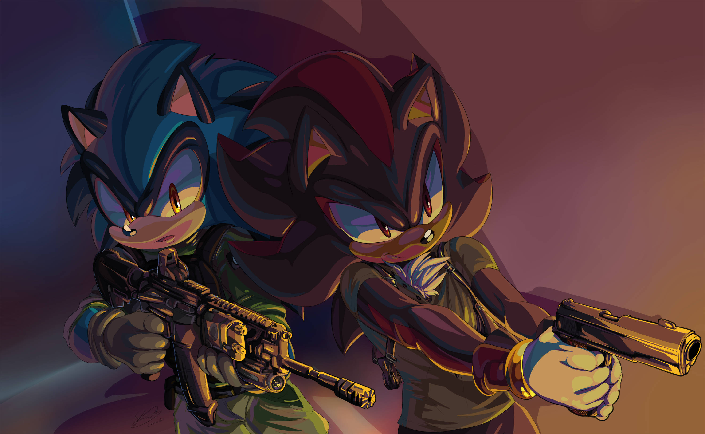 Shadow The Hedgehog 桌布 壁紙 — 兩隻風格化的刺蝟角色在紫色和橙色的漸變背景下，帶著強烈的表情瞄準槍械。