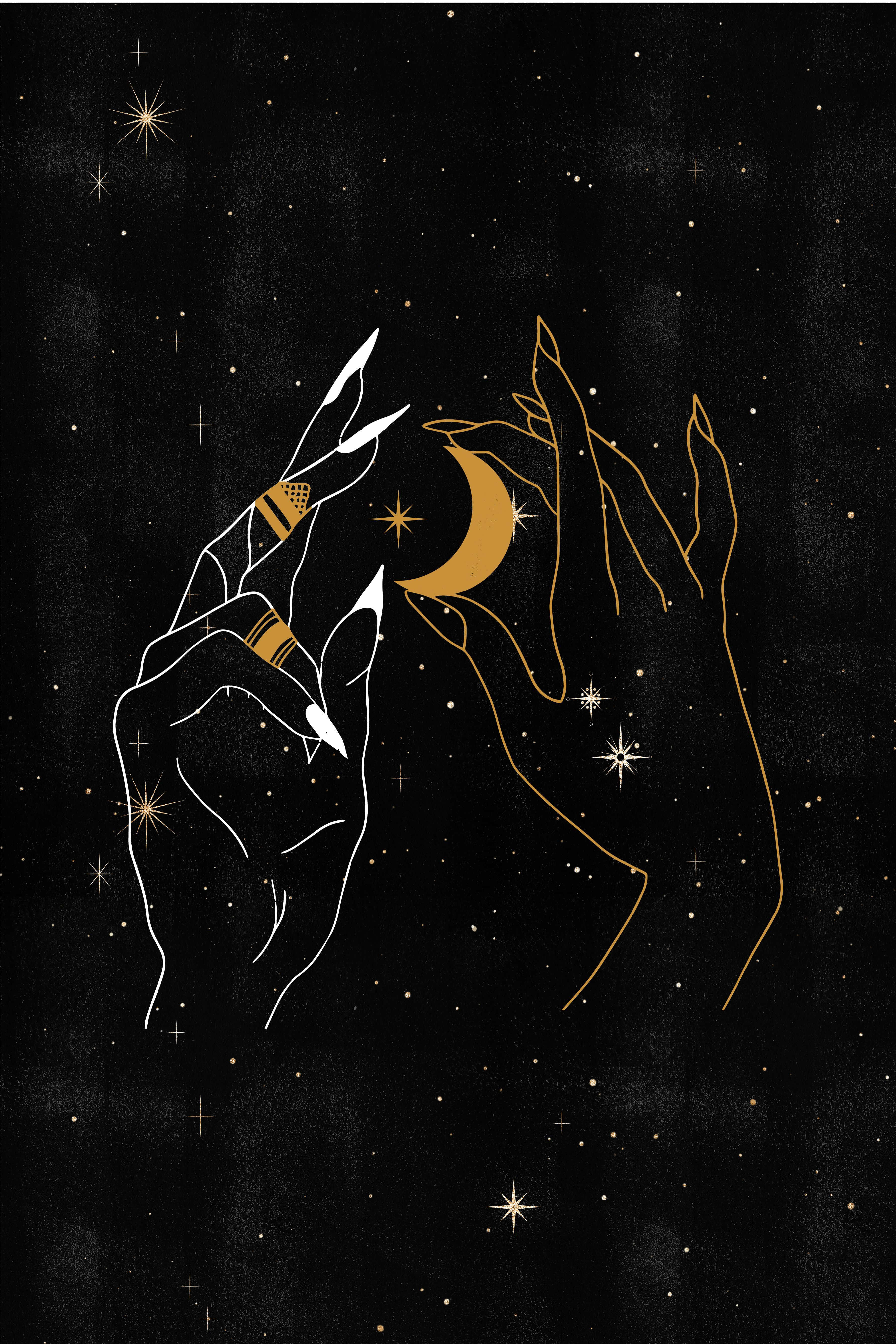 Witch Aesthetic 桌布 壁紙 — 兩隻風格化的手，一隻白色一隻金色，輕輕托著一個發光的彎月，背景是佈滿星星的黑色夜空。