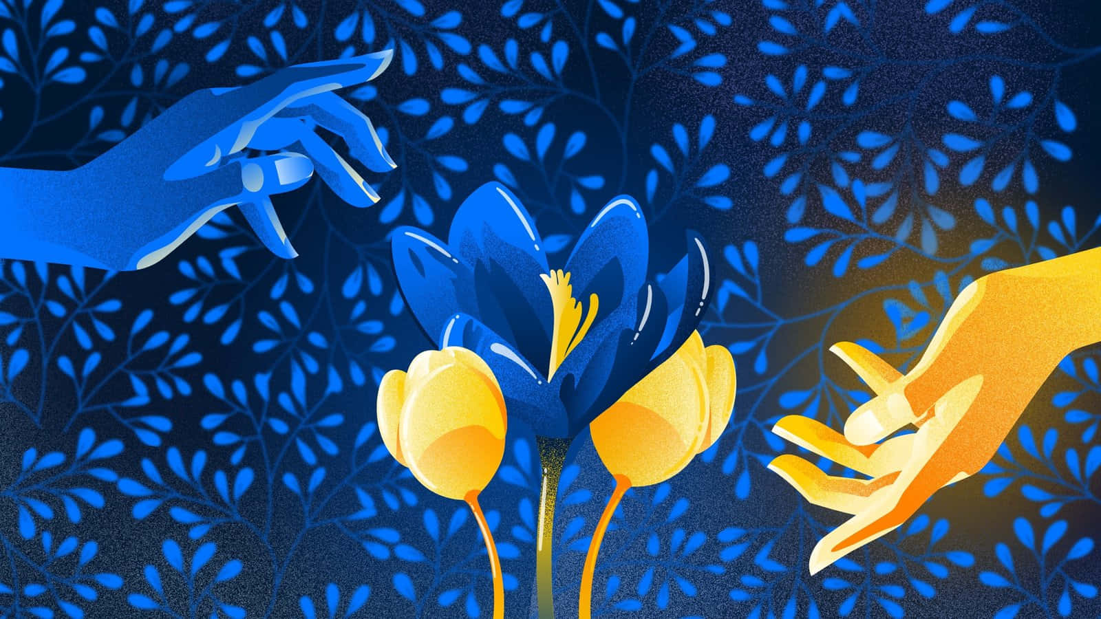 烏克蘭 桌布 壁紙 — 兩隻風格化的手——一隻藍色和一隻黃色——伸向中央的藍黃色花朵，背景是深藍色的葉子。