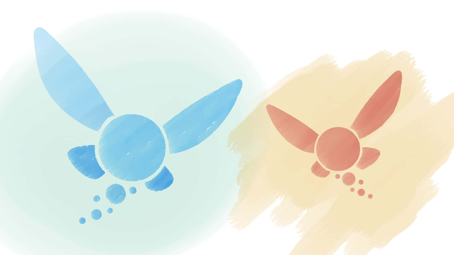 The Legend Of Zelda Navi 桌布 壁紙 — 兩隻風格化的飛行生物，帶有翅膀和點點，漂浮在藍色和桃色的柔和水彩背景上。