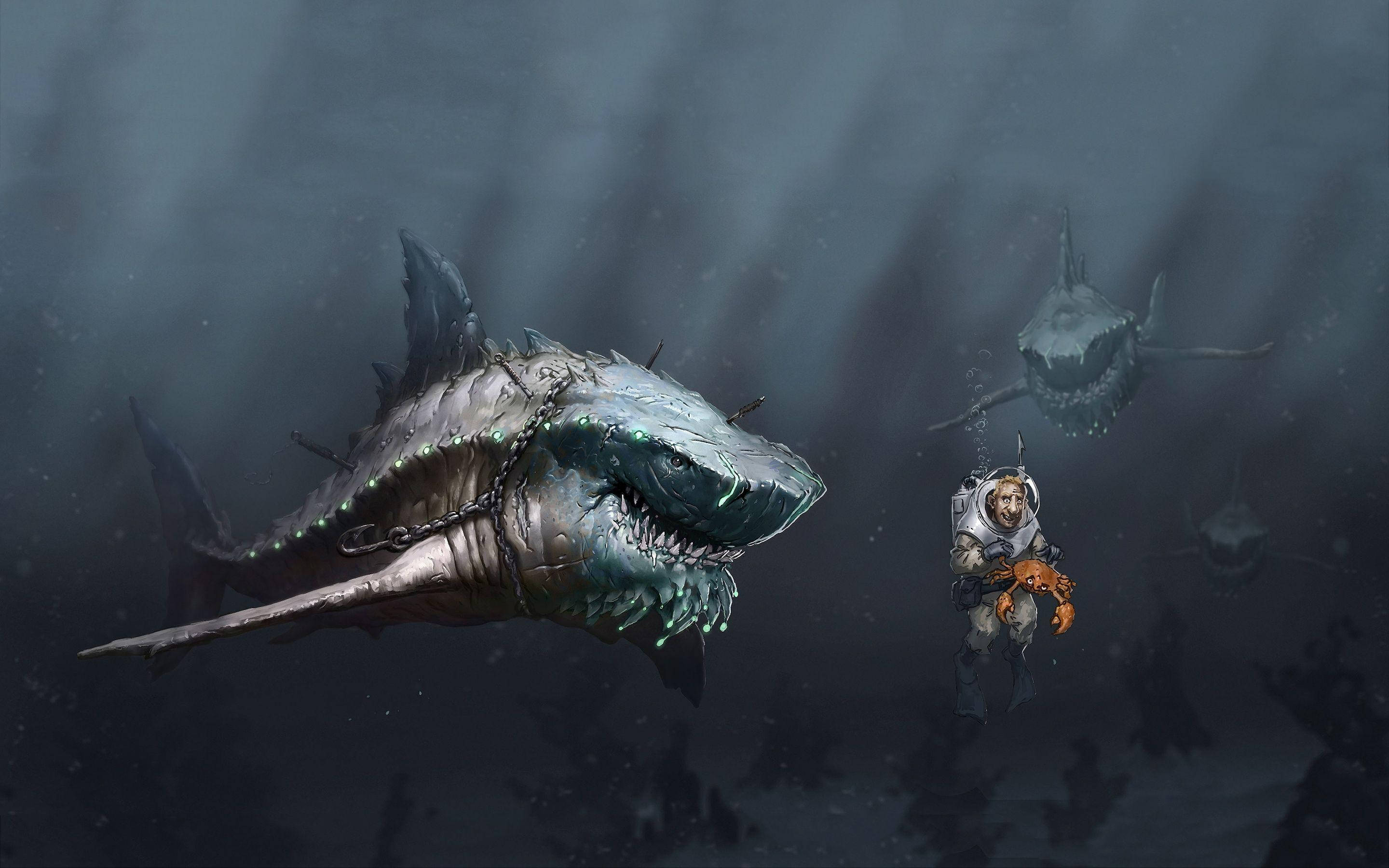 兩隻鯊魚逼近潛水者高清圖 壁紙 — 一名穿著笨重潛水衣的潛水員手持發光的橙色物體，面對一隻在渾濁深海中有發光眼睛的巨大裝甲鯊魚。