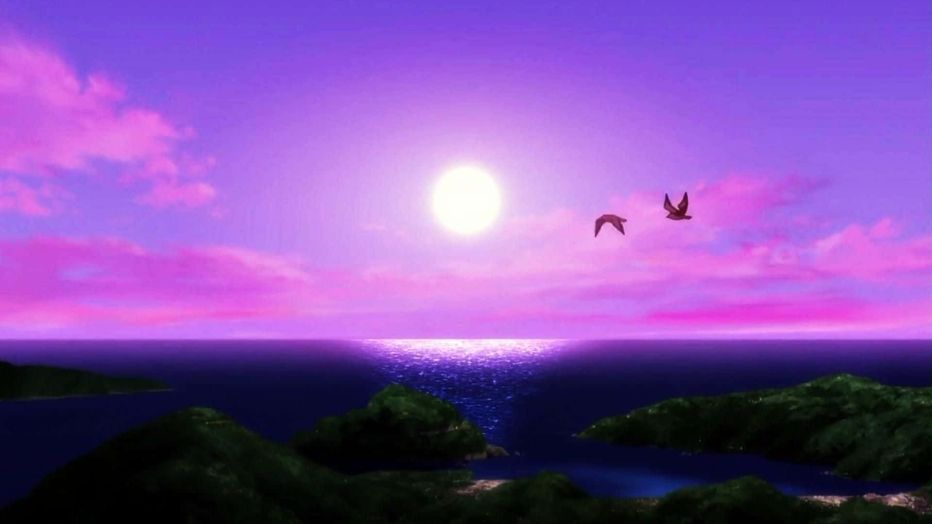Purple Sunset 桌布 壁紙 — 兩隻鳥在發光的海洋上空超現實的紫色日落中翱翔，下方是深綠色的島嶼。