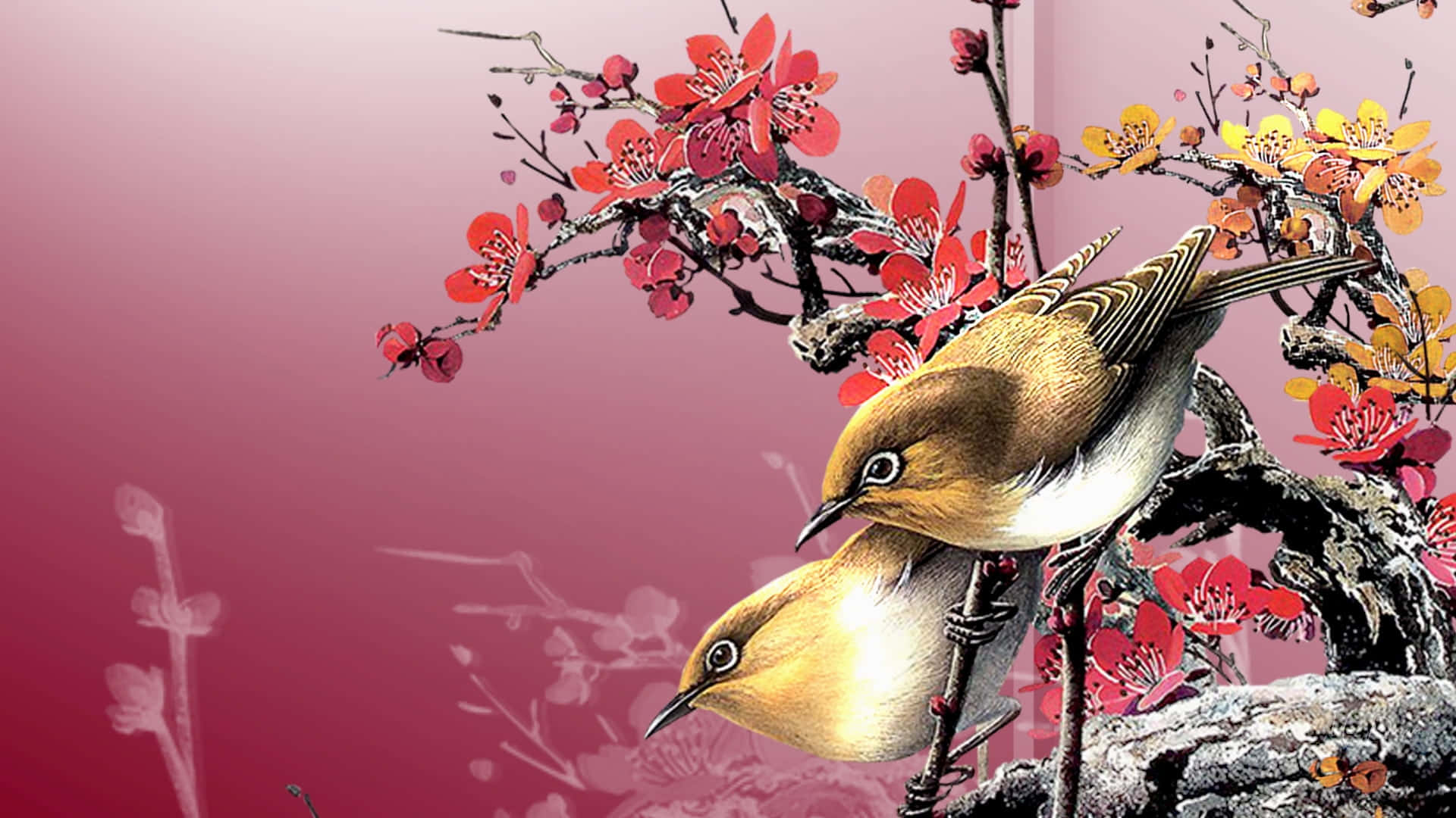 Spring Birds 桌布 壁紙 — 兩隻鳥棲息在盛開的櫻花枝上，背景是柔和的粉紅色漸變天空。