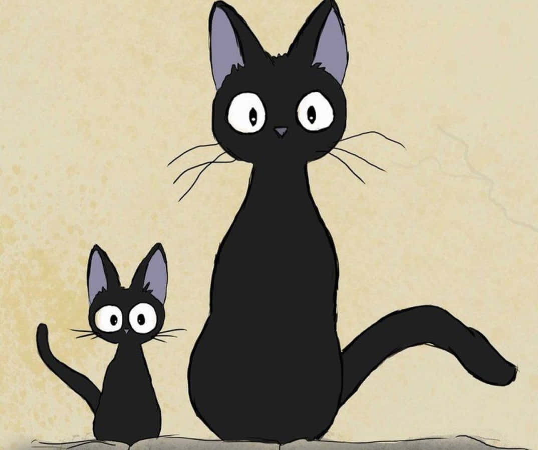 Jiji Cat 桌布 壁紙 — 兩隻黑色貓咪，有著白色大眼睛，並排坐在有紋理的米色背景上，一大一小。