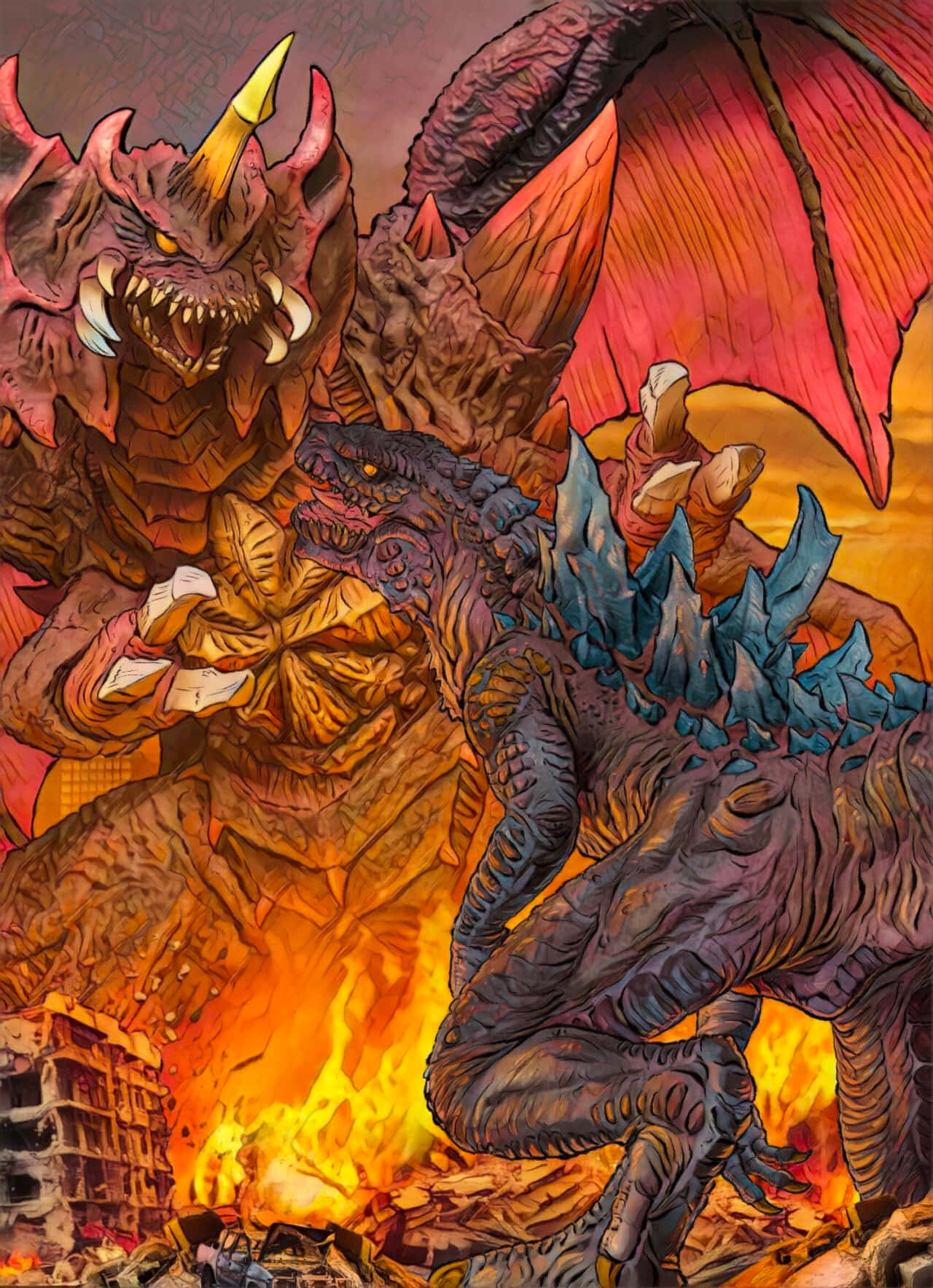 Godzilla Vs Destoroyah 桌布 壁紙 — 兩隻龐大的怪物在煙霧瀰漫的夕陽天空下，於燃燒的廢墟中碰撞，眼睛發光，背部有尖刺。
