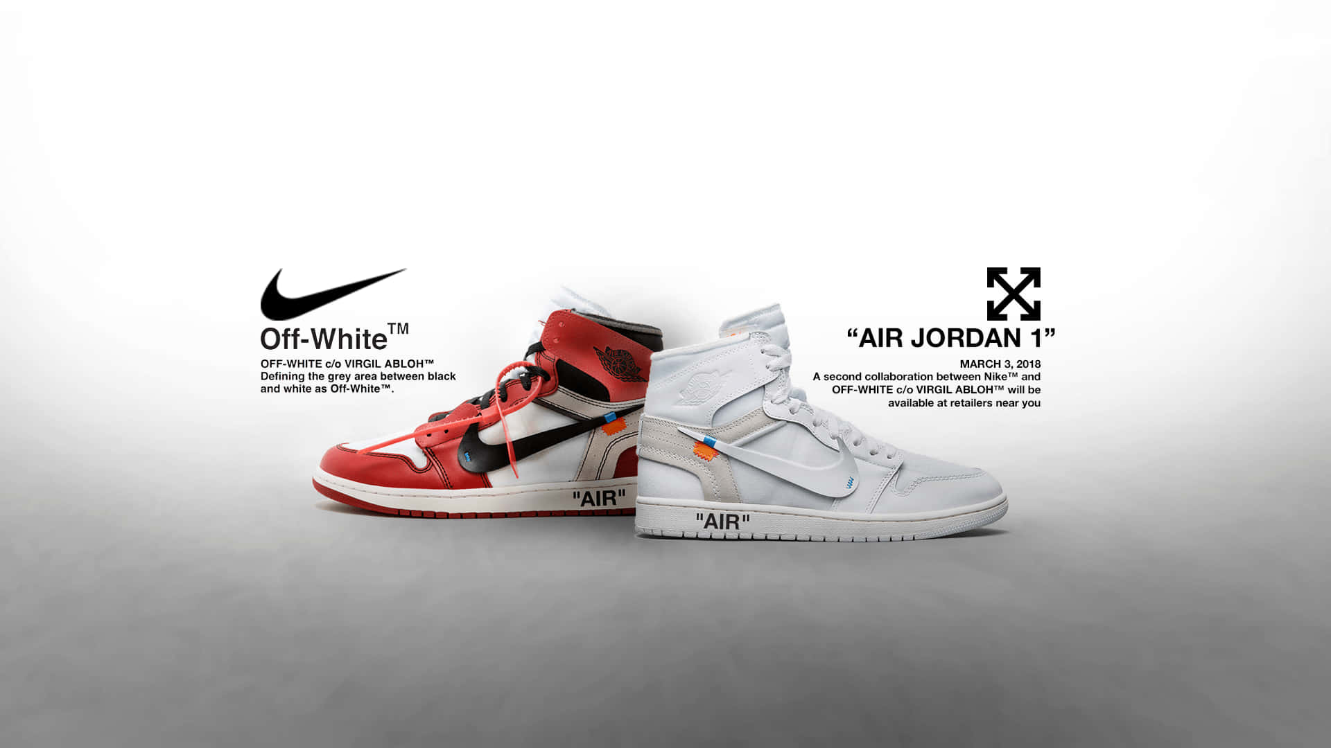 Off White Jordan 1 Air Famous 壁紙 — 兩雙高筒運動鞋，一紅一白，帶有醒目品牌標誌，展示在簡約灰色漸變背景上。
