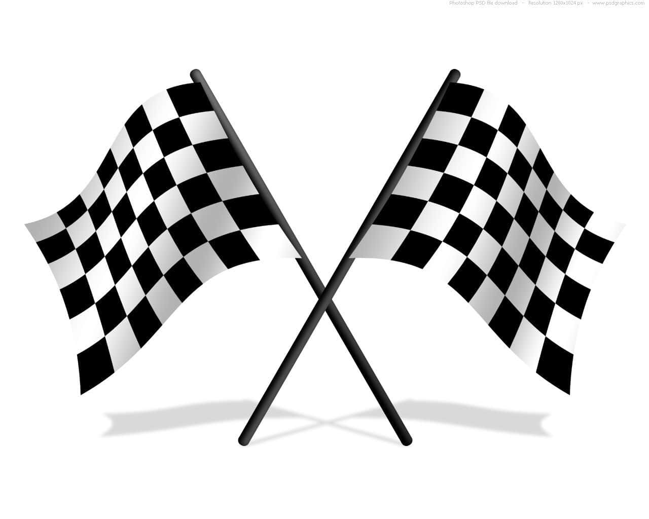 Checkered Flag 桌布 壁紙 — 兩面交叉的黑白格仔賽車旗在純白背景上動態飄揚。