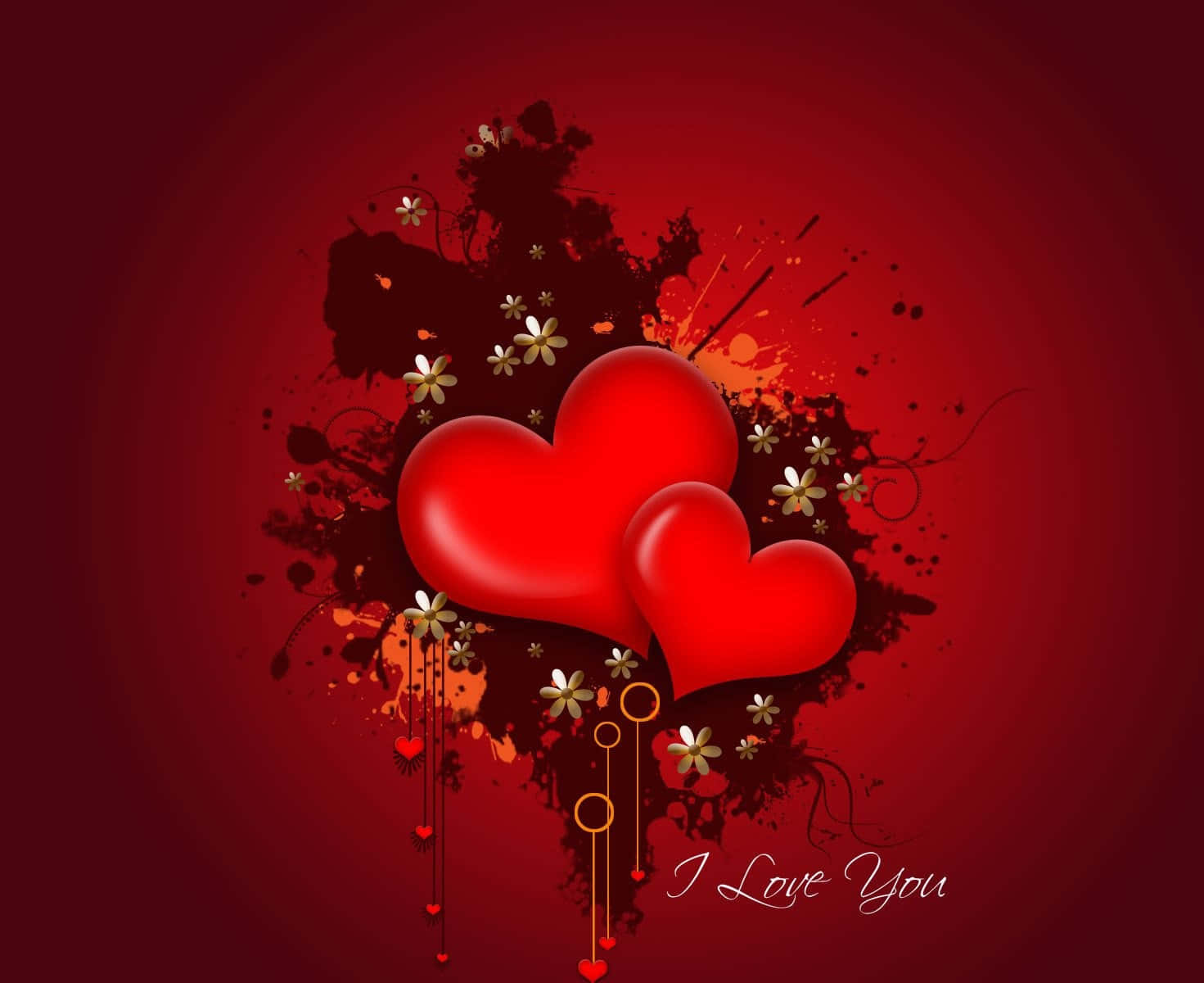 Red Heart 桌布 壁紙 — 兩顆光滑的紅色心形在深色飛濺和金色花朵中漂浮，背景為深紅色漸變，下方寫有「I Love You」。