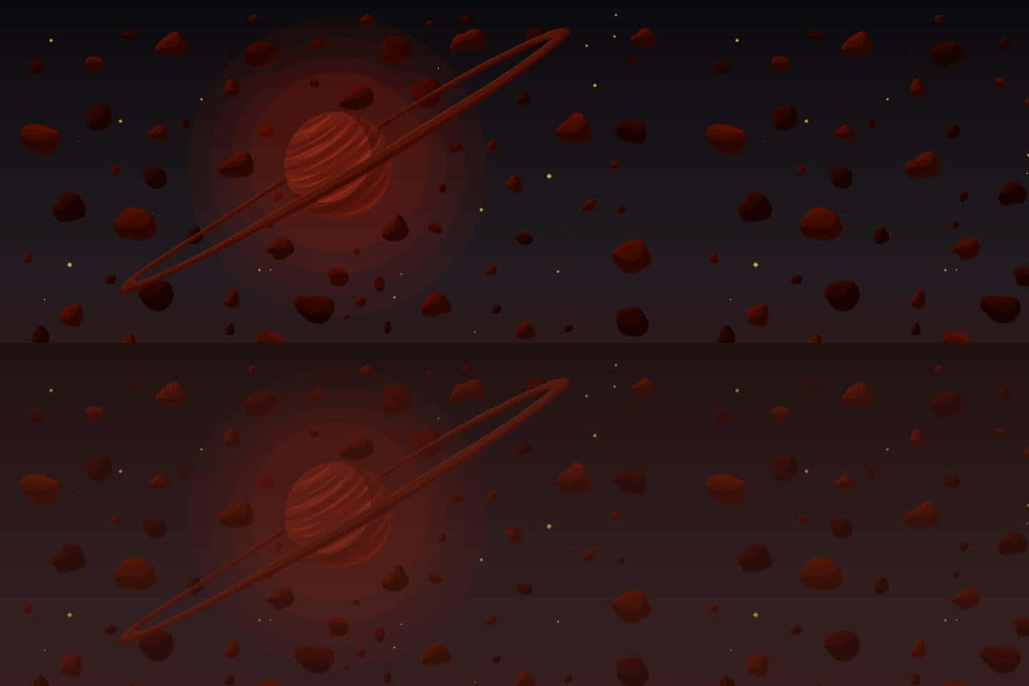 Red Space 桌布 壁紙 — 兩顆帶有紅色光環的行星漂浮在黑暗宇宙中的小行星之間。
