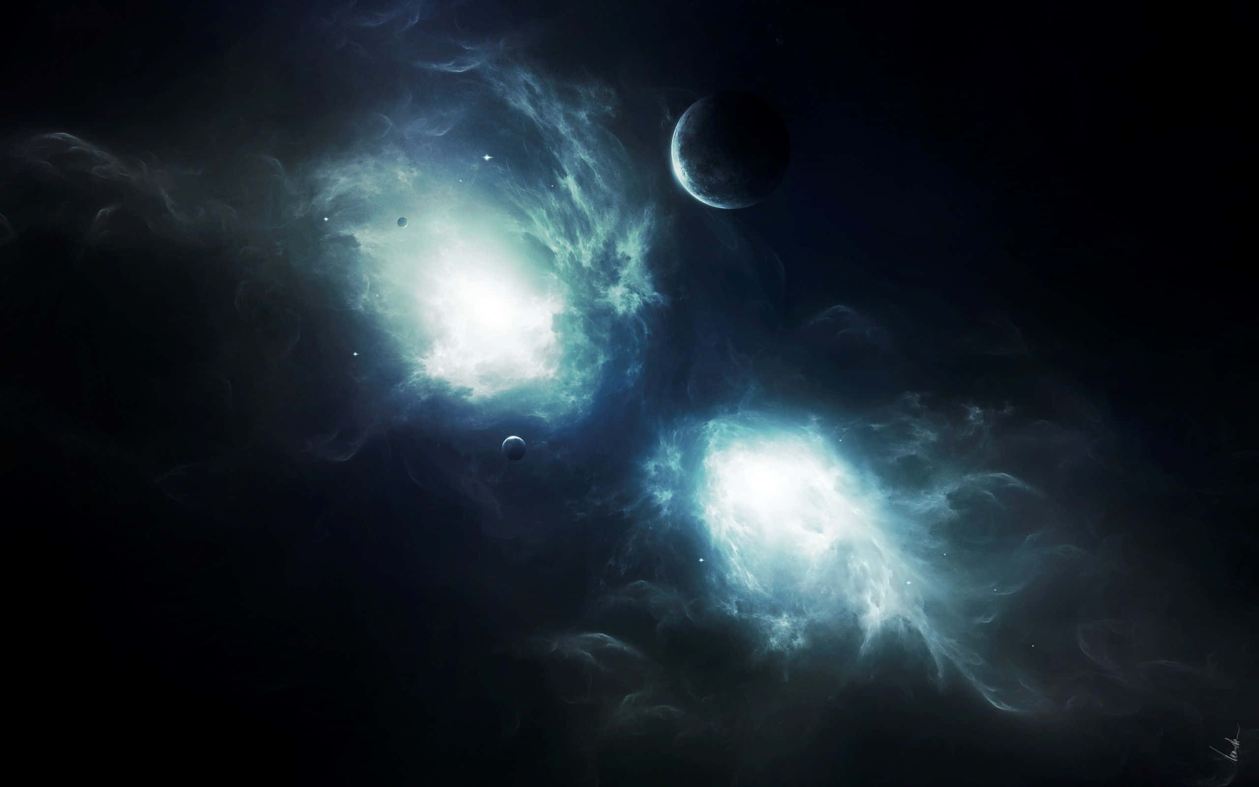 兩顆明亮星辰的天體背景 壁紙 — 兩個發光的藍色星雲照亮了黑暗的宇宙虛空，其中有漂浮的行星和旋轉的氣體雲。