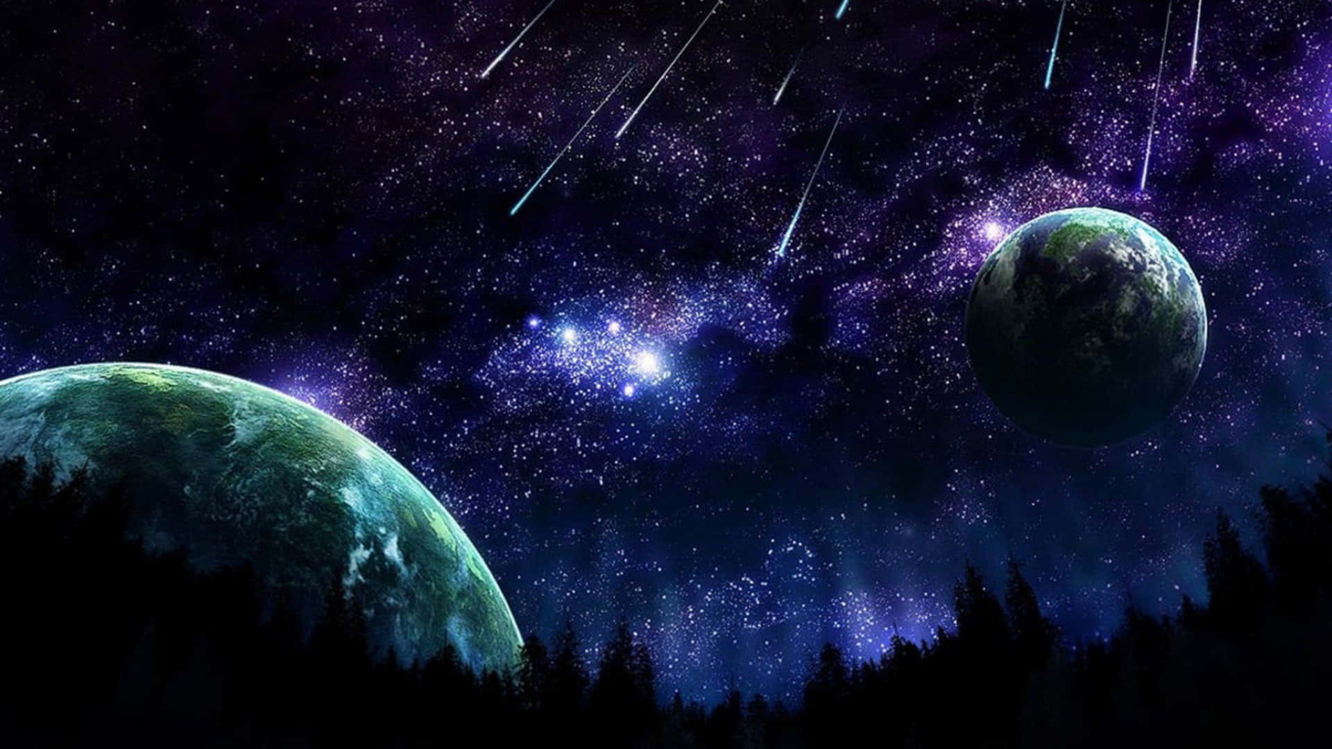 Beautiful Space 桌布 壁紙 — 兩顆發光的行星漂浮在森林剪影之上，背景是帶有流星劃過的星空紫色天空。