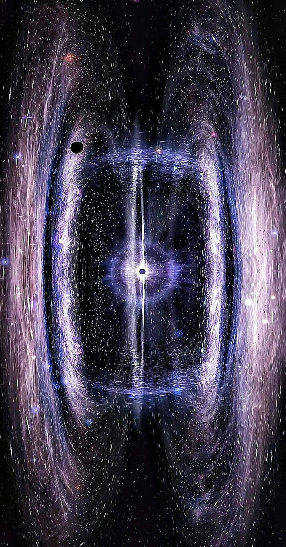 一個以黑洞為中心的旋轉紫色和藍色宇宙漩渦，帶有散落的星星。