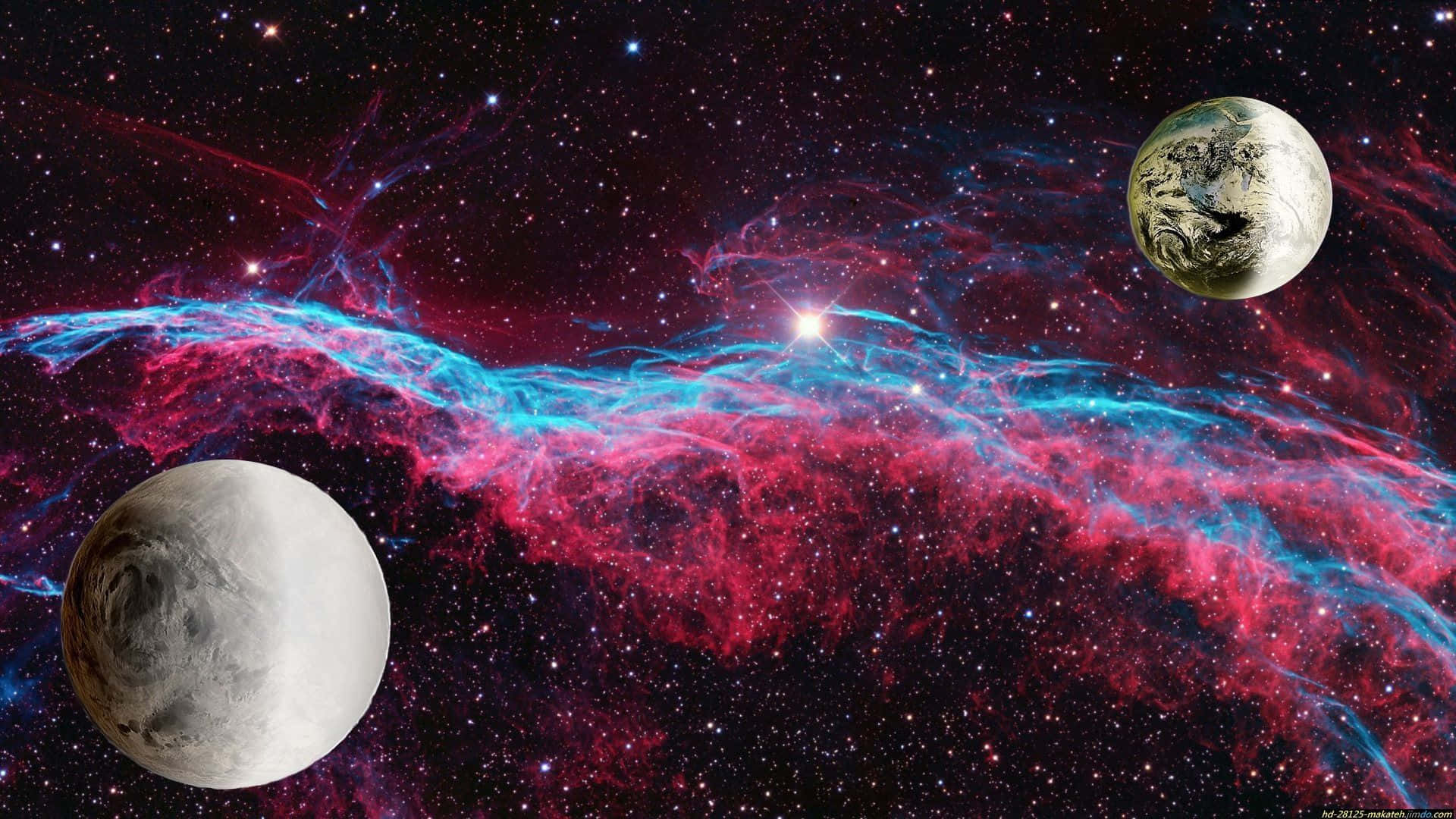 Exoplanet 桌布 壁紙 — 兩顆行星漂浮在充滿活力的宇宙星雲中，散發著電光藍和火紅的光芒，背景是星空。