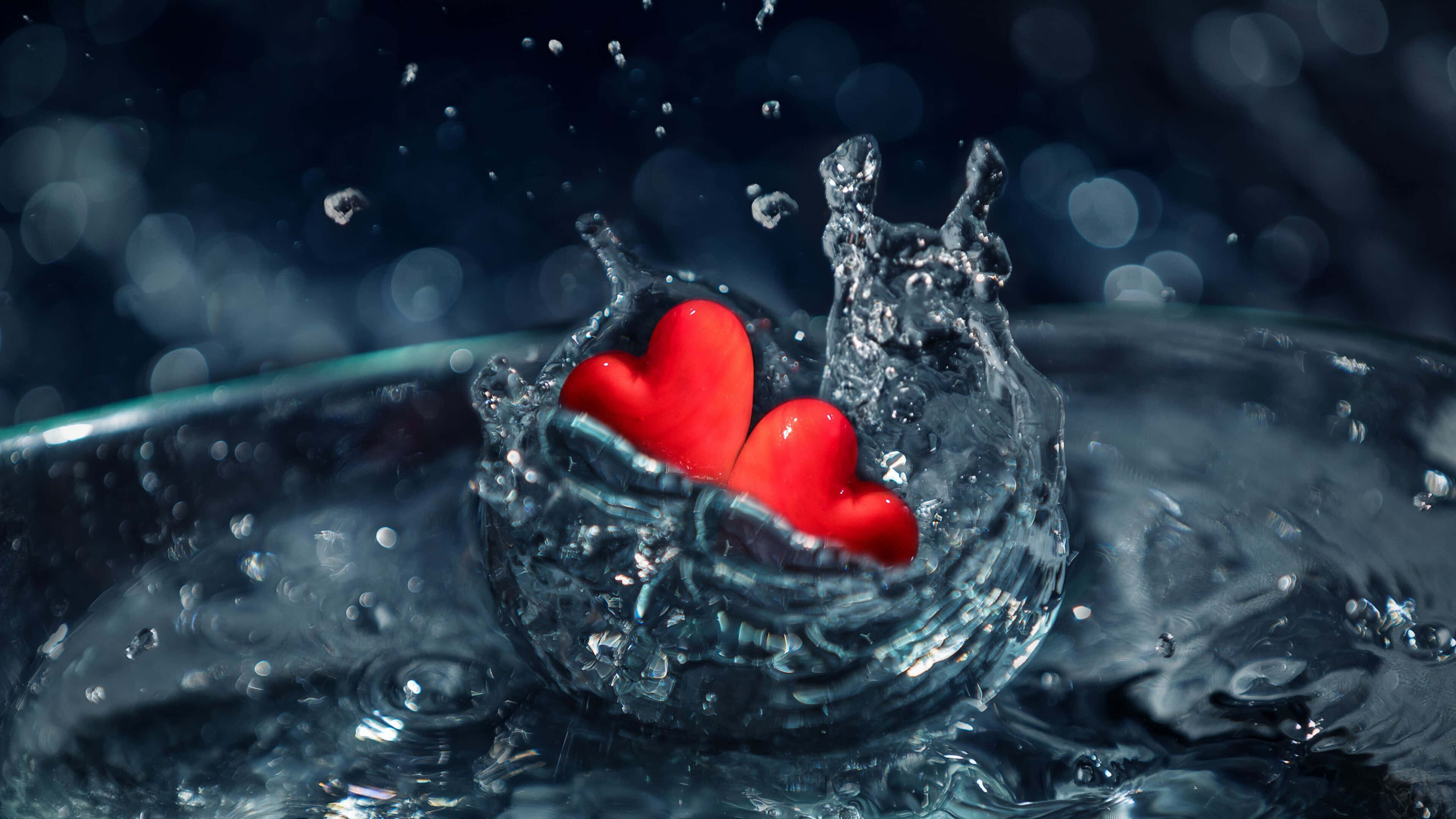 4K Love 桌布 壁紙 — 兩顆鮮紅色的心臟跳入清澈的水中，在黑暗模糊的背景上形成動態的水花。