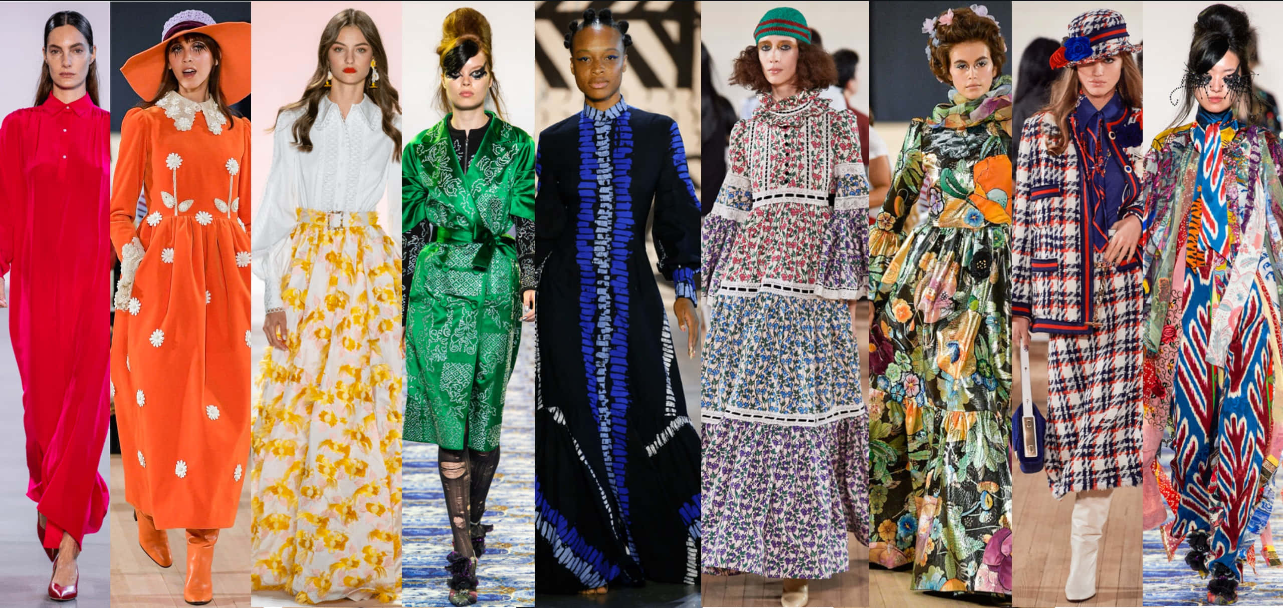 Spring Fashion 桌布 壁紙 — 八位不同模特兒的活力時裝天橋拼貼，展示大膽色彩鮮豔的高級訂製連衣裙，帶有花卉圖案和標誌性帽子。