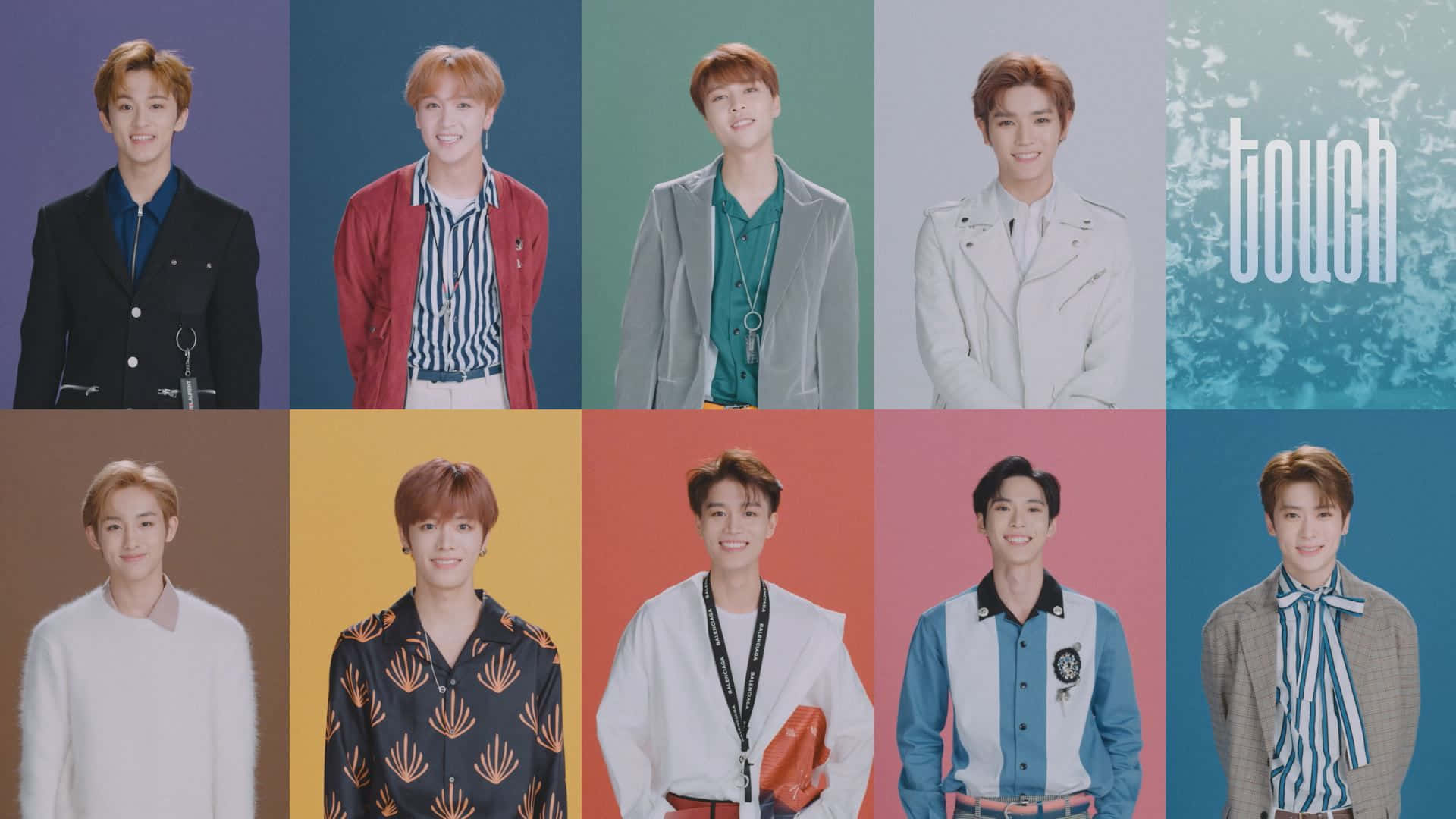 Nct 桌布 壁紙 — 八位年輕男士穿著時尚服裝，在鮮豔的純色背景前擺姿勢，構成宣傳肖像網格。
