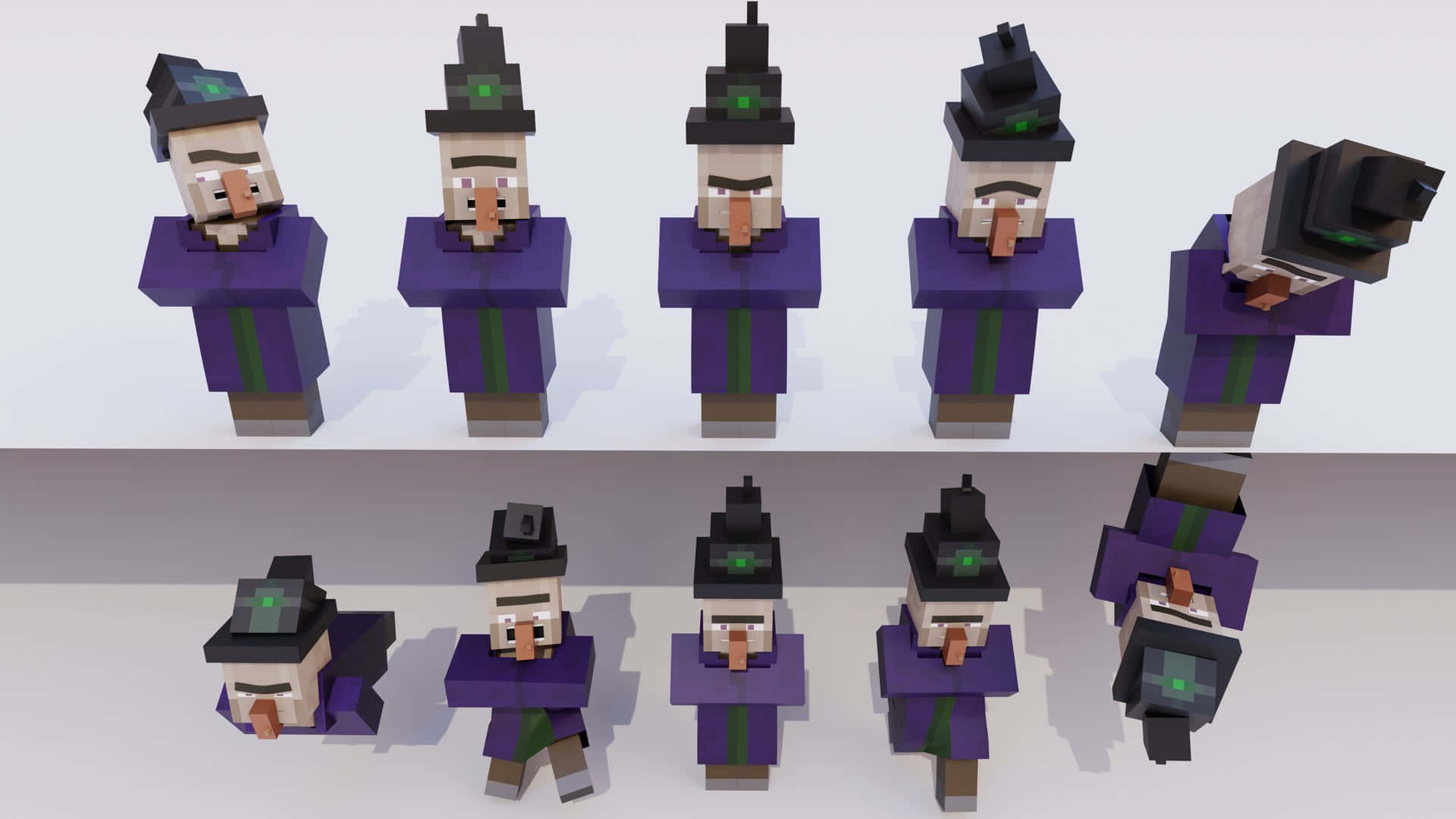 Minecraft Witch 桌布 壁紙 — 八個方塊狀的女巫角色，身穿紫色長袍和黑色帽子，以不同角度在純白色背景前擺姿勢。