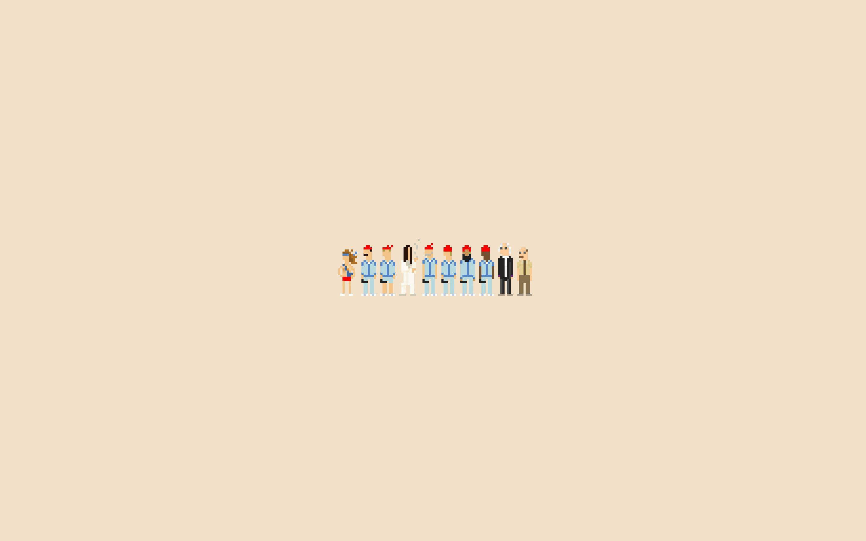 Beige Minimalist 桌布 壁紙 — 八個穿著不同服裝的小人物以極簡像素藝術排成一列，居中對齊在純米色背景上。