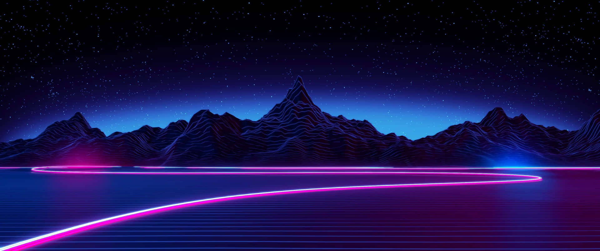 霓虹發光線條在黑暗山脈上方的星空夜空中彎曲。