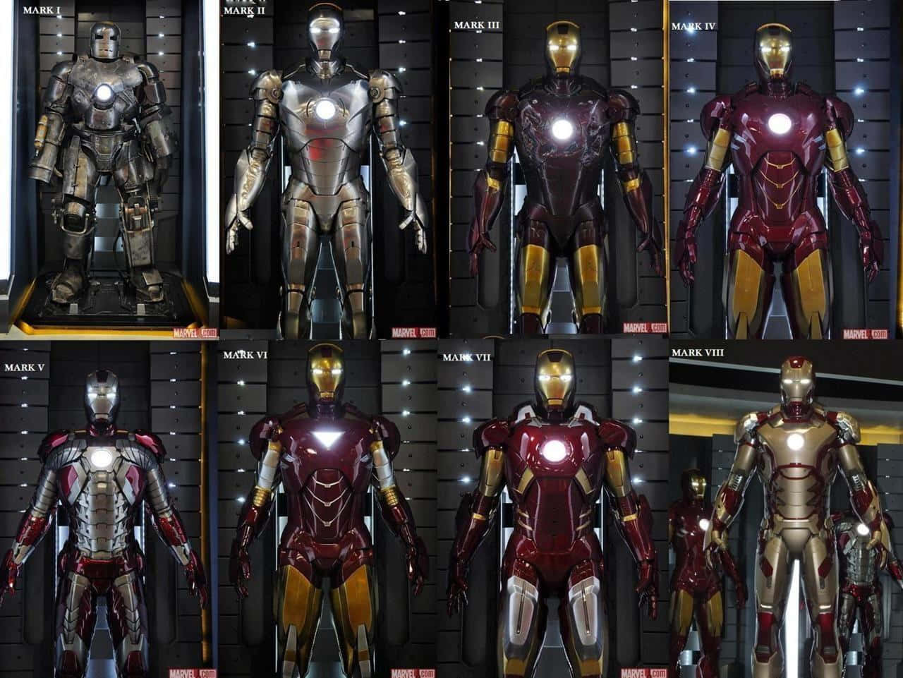Iron Man Suit 桌布 壁紙 — 八套鐵甲奇俠戰衣在博物館展出，帶有發光的弧形反應器和金屬紅、金、銀飾面。