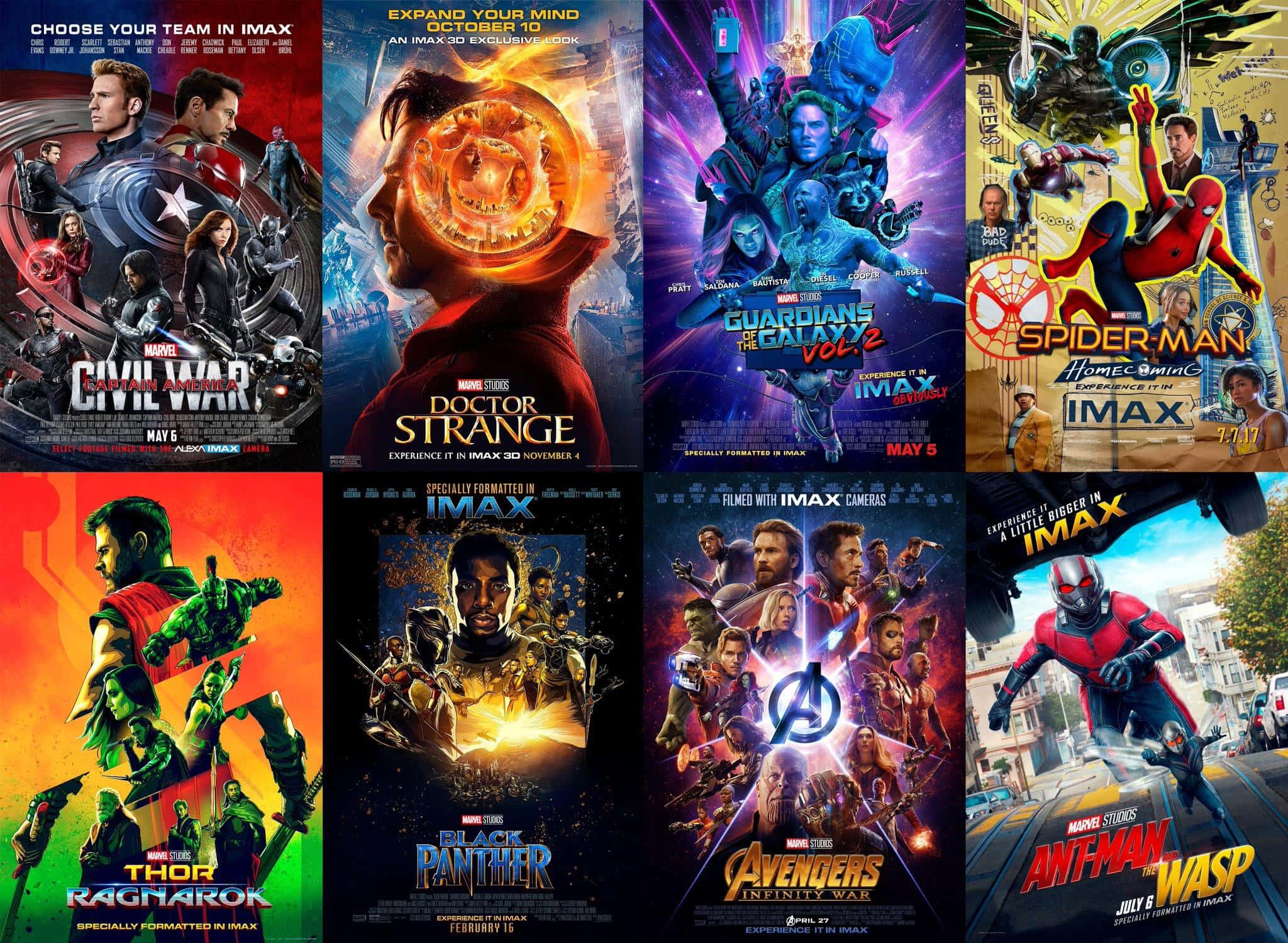 Mcu Phase Three 桌布 壁紙 — 八張漫威電影宇宙電影海報的拼貼畫，超級英雄在充滿活力的主題背景前擺出動態動作姿勢。