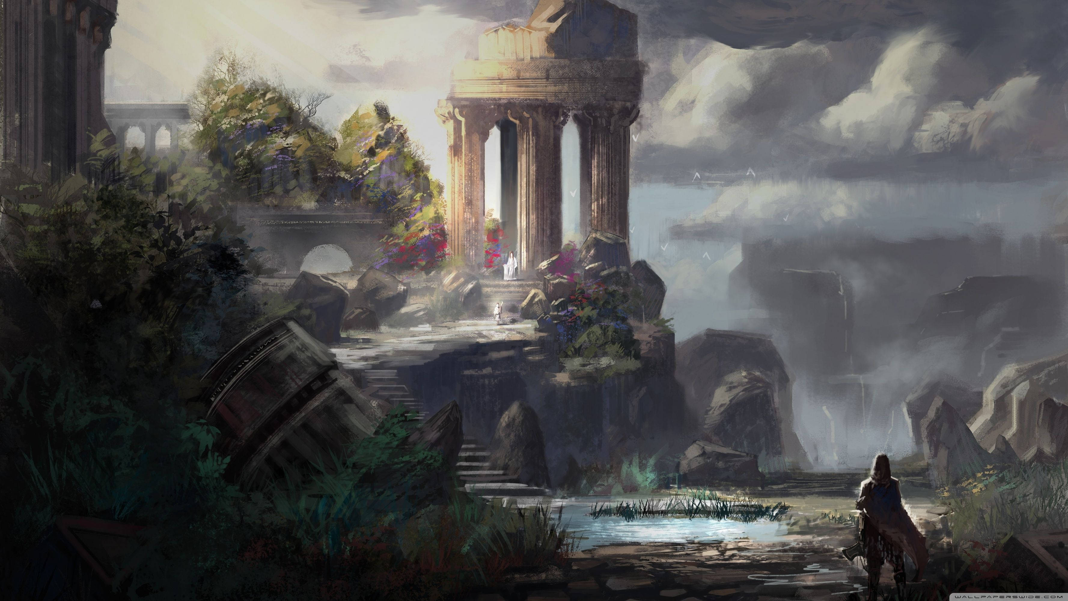 《八方旅人》奇幻城堡 壁紙 — 一個孤獨的身影站在被茂盛植物覆蓋的古老石頭廢墟前，背景是戲劇性的多雲天空。