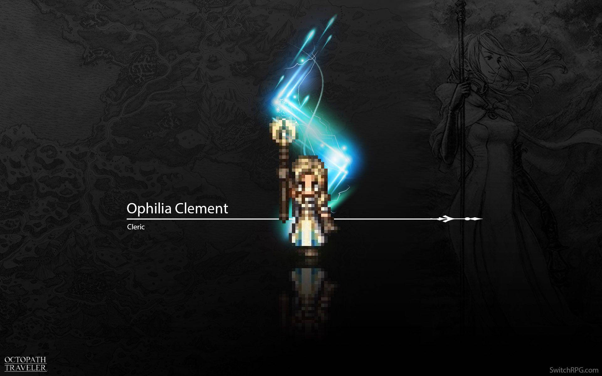 《八方旅人》奧菲莉亞·克萊門特圖標 壁紙 — 像素藝術牧師 Ophilia Clement 在黑暗地圖背景中揮舞發光藍色法杖，旁邊有幽靈般的身影。
