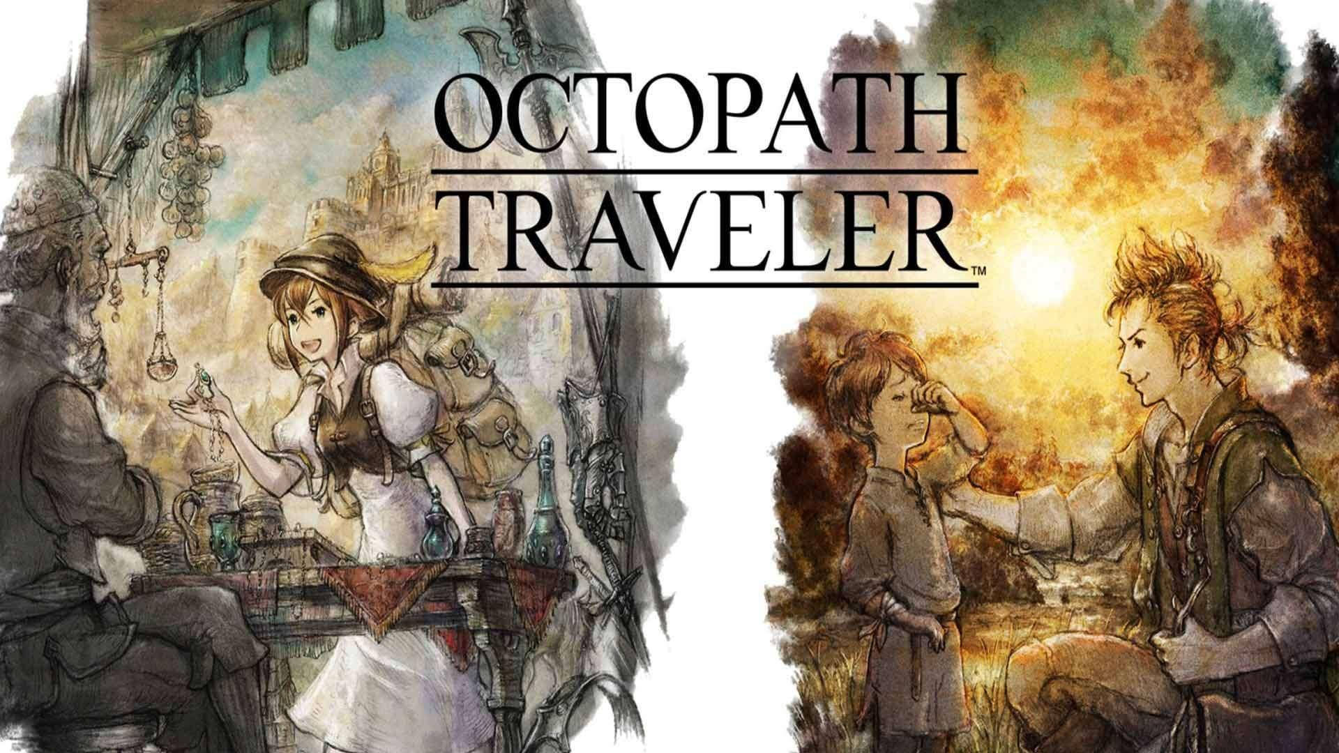 《八方旅人》特蕾莎與阿爾芬 壁紙 — 《歧路旅人》的兩個插圖場景展示了一個開朗的藥水販賣者，以及一個男孩和一個男人在溫暖的日落光下的溫柔時刻。