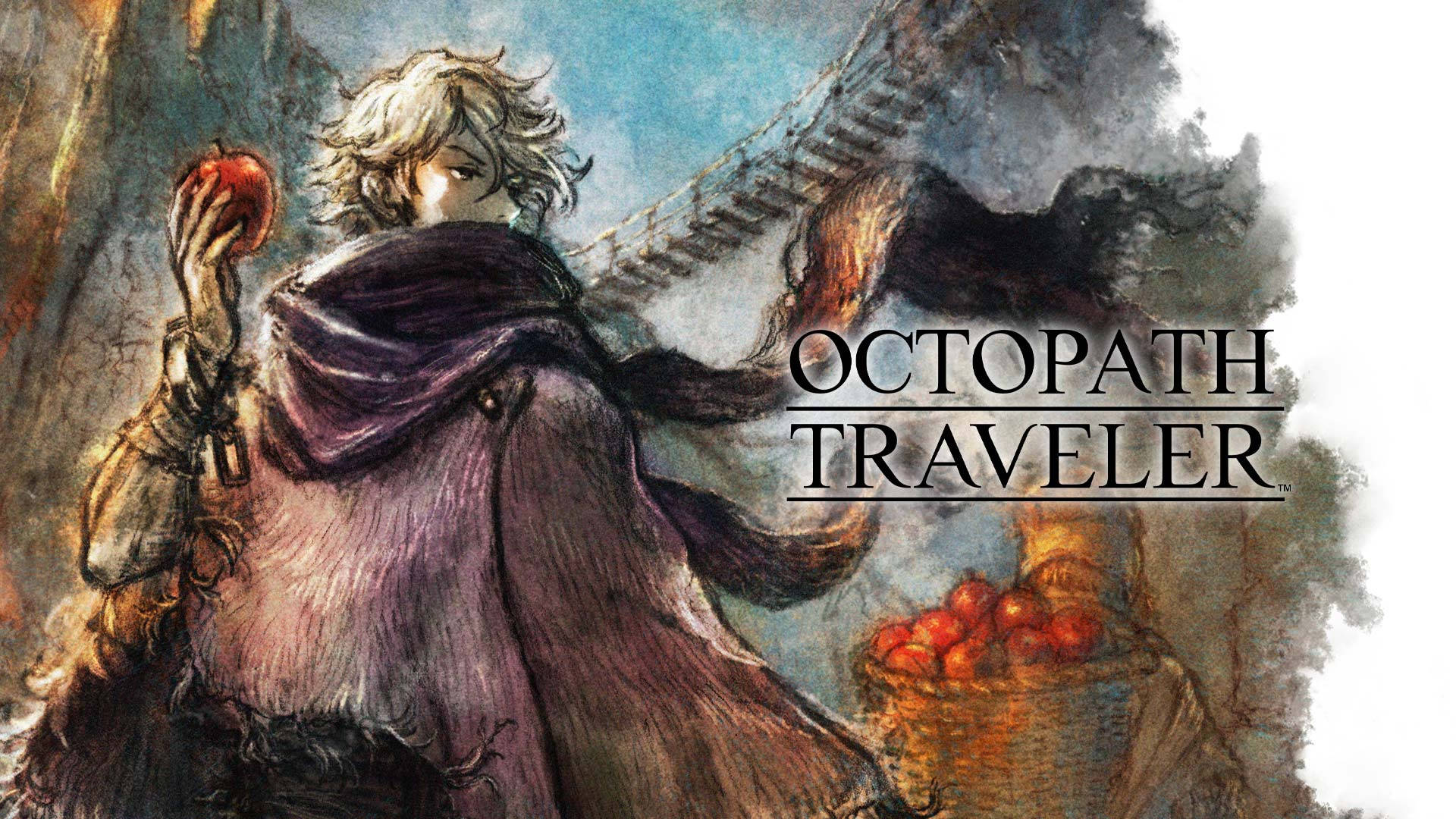 《八方旅人》瑟里昂藝術 壁紙 — 一位白髮紫袍的孤獨旅人，在迷霧背景下手持一個紅蘋果，旁邊有一籃蘋果和一隻大鳥。
